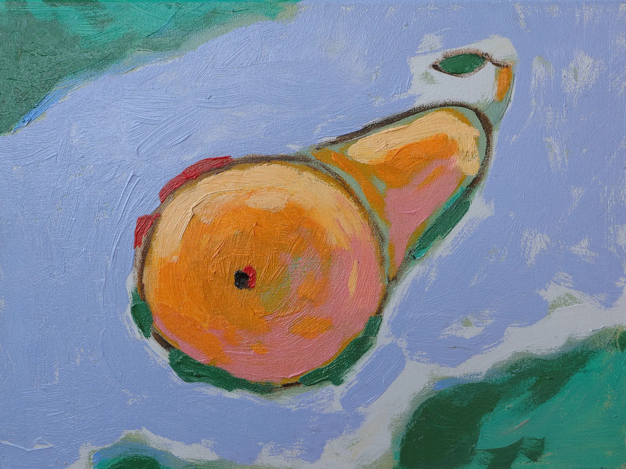 Gemälde Kueche Esszimmer pastell lila violett orange Birne Frucht Oel XS klein