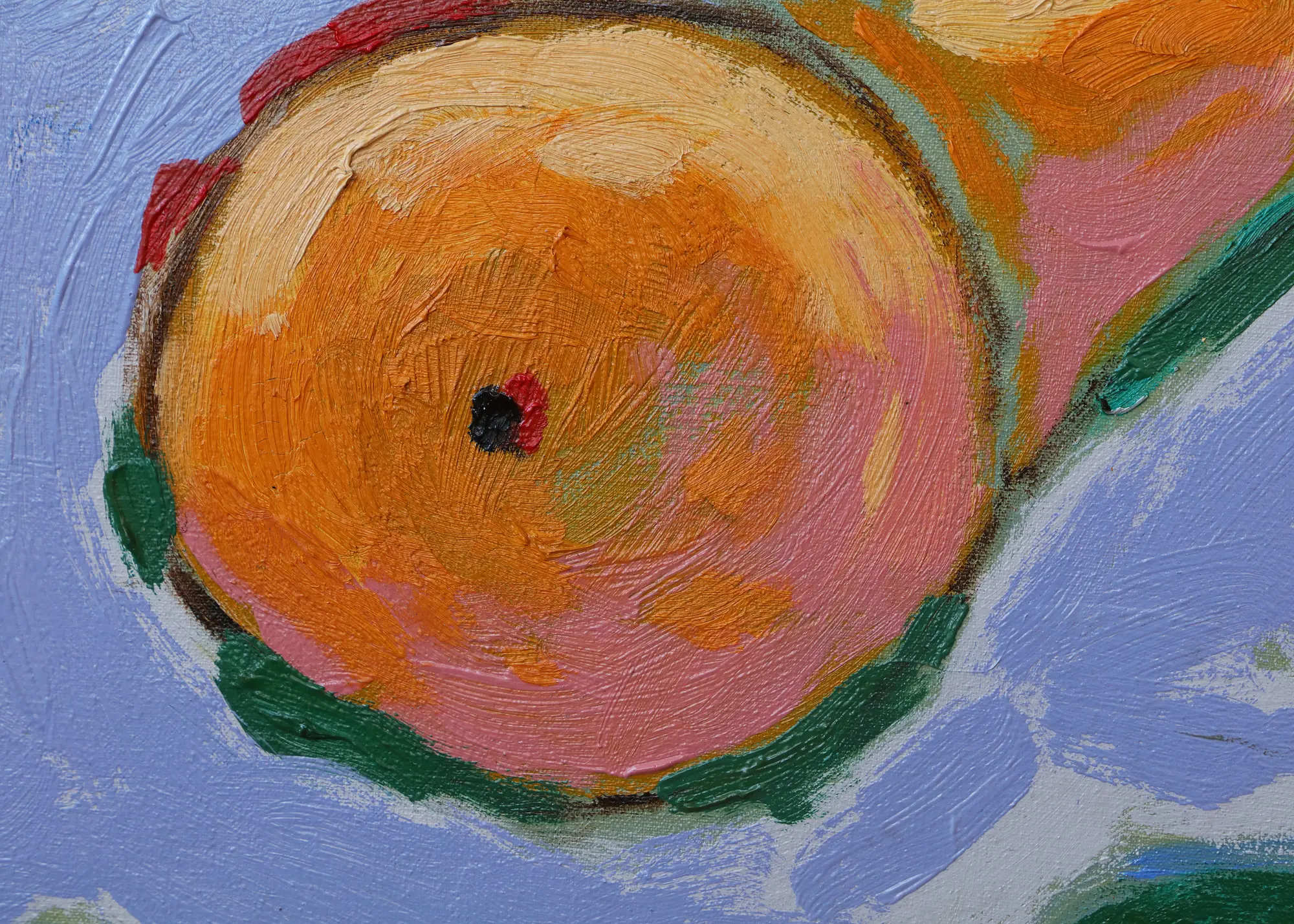 Nahaufnahme Gemälde Kueche Esszimmer pastell lila violett orange Birne Frucht Oel XS klein