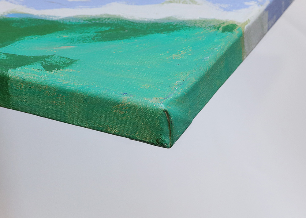 Nahaufnahme Gemälde Kueche Esszimmer pastell lila violett orange Birne Frucht Oel XS klein