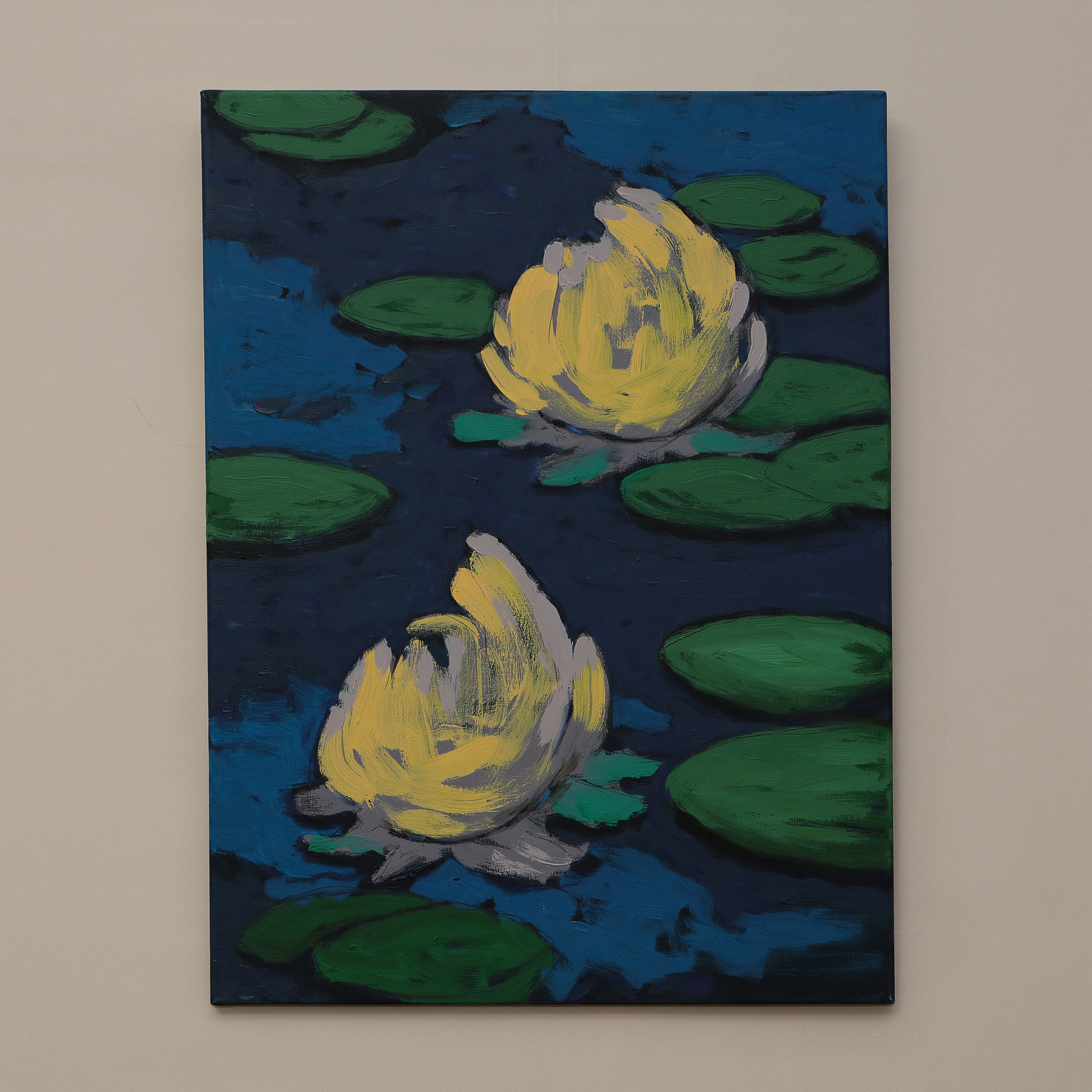 Nahaufnahme XL Gemälde gross Loft Hochformat dunkel blau hell pastell gelb Teich Seerosen Monet