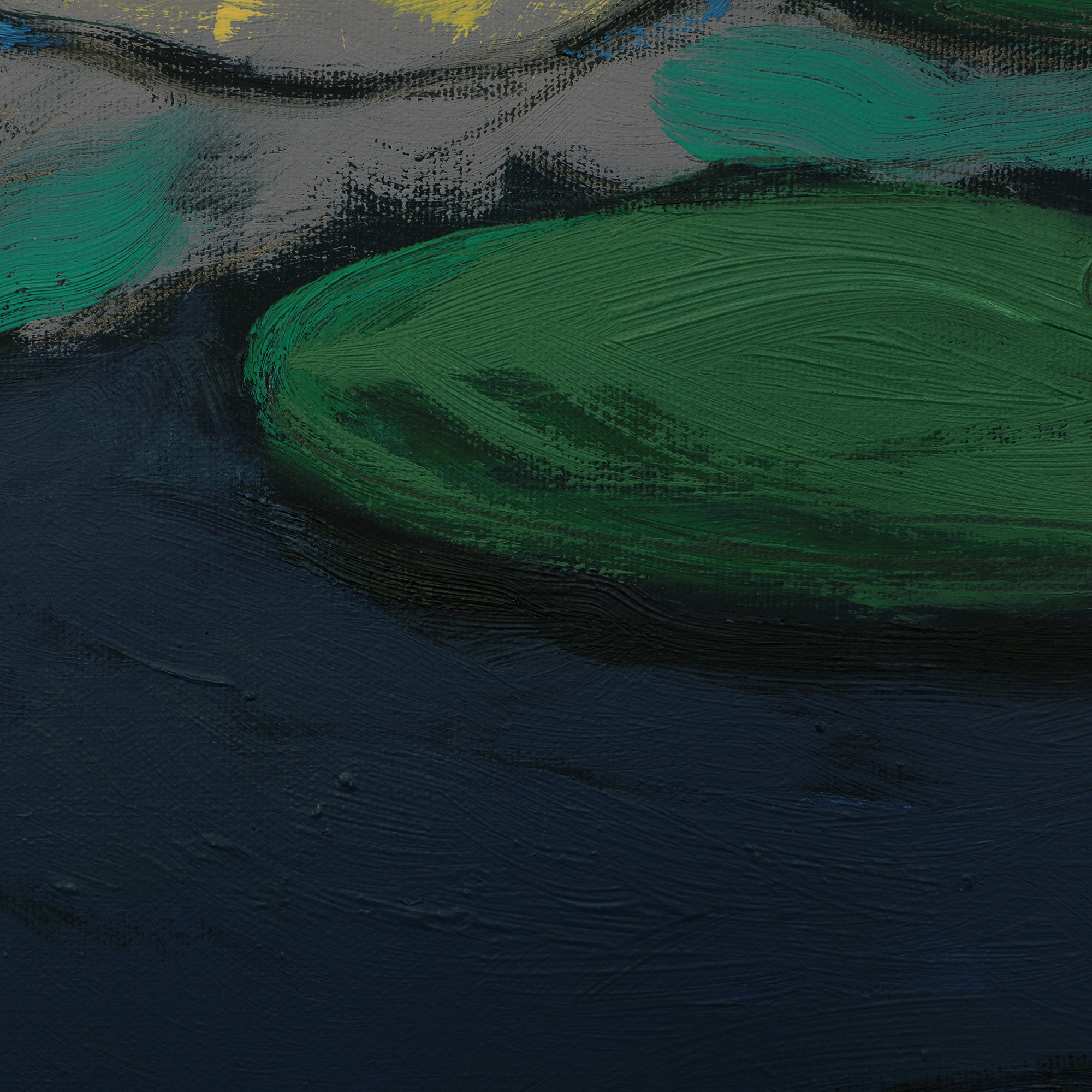 Nahaufnahme XL Gemälde gross Loft Hochformat dunkel blau hell pastell gelb Teich Seerosen Monet