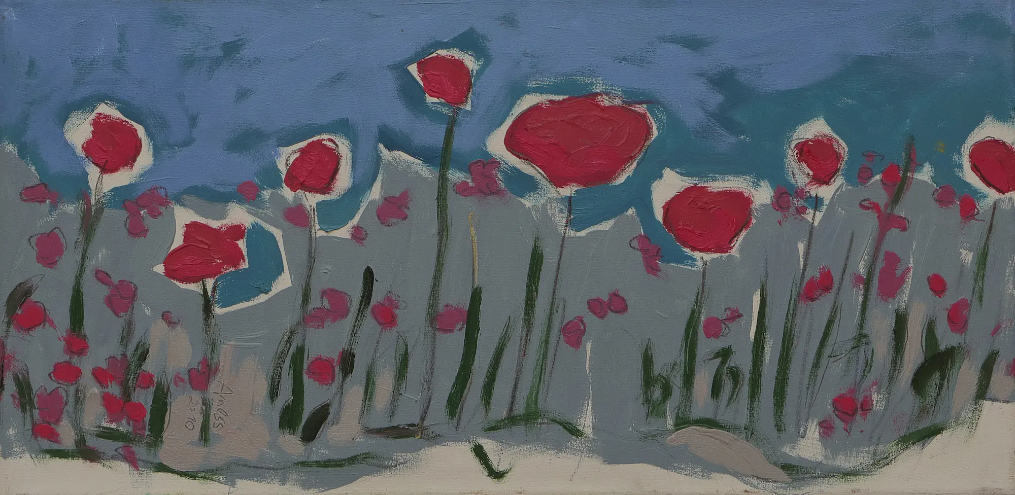 Gemälde Landschaft Wiese Blumen pink blau Feld Acker Mohn Provence