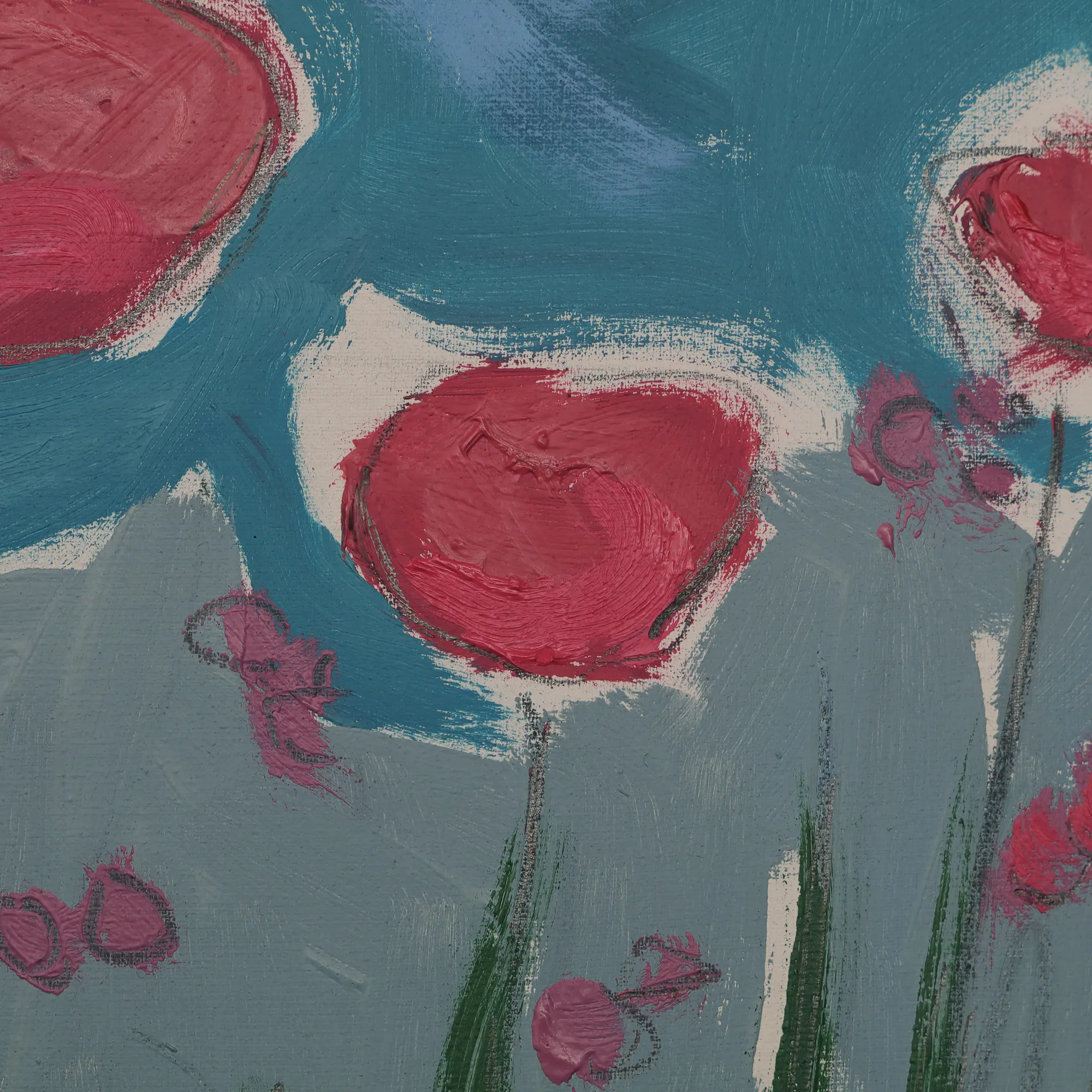 Nahaufnahme Gemälde Landschaft Wiese Blumen pink blau Feld Acker Mohn Provence