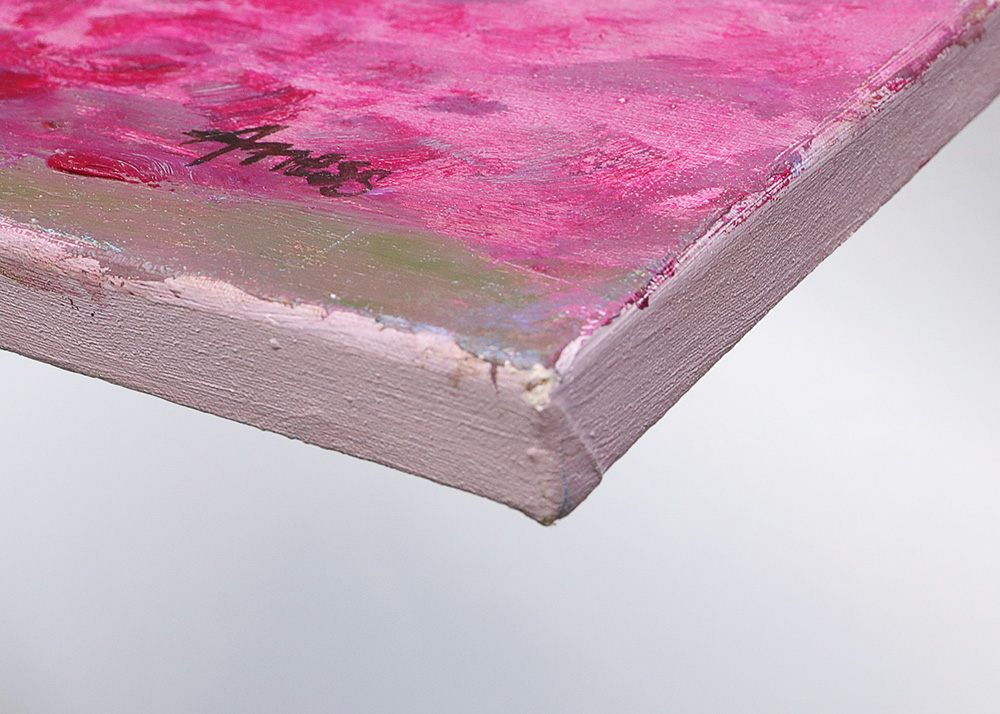 Nahaufnahme Gemälde Landschaft pink Baeume Feld Acker Mohn Blumen Provence Oel Kunst Unikat