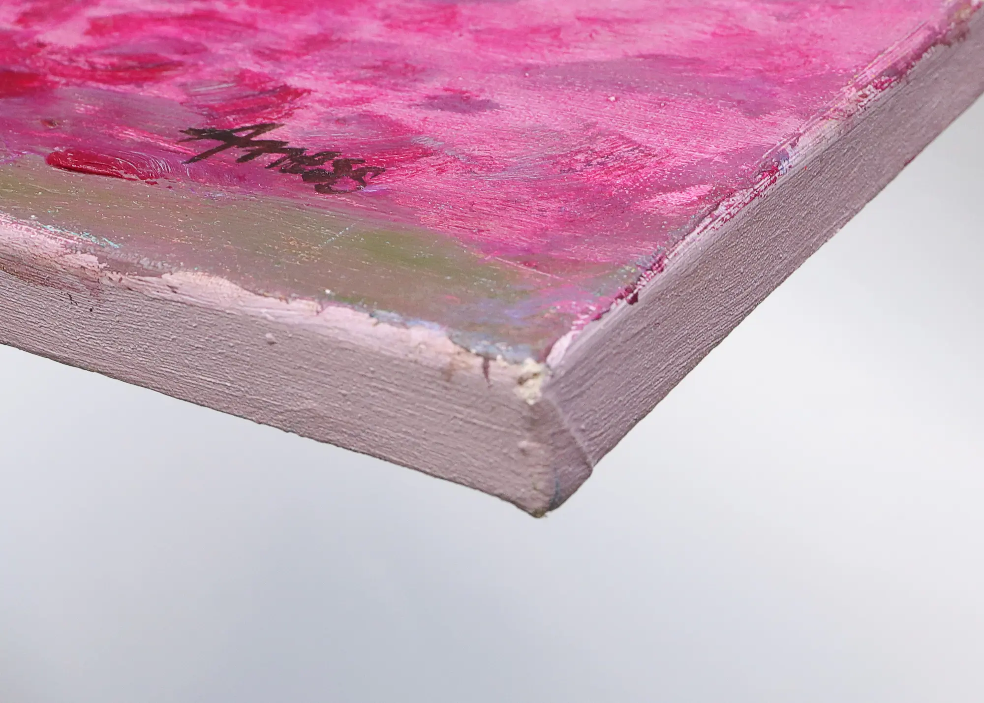 Nahaufnahme Gemälde Landschaft pink Baeume Feld Acker Mohn Blumen Provence Oel Kunst Unikat