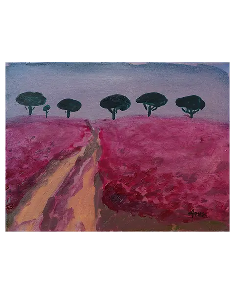 Gemälde Landschaft pink Baeume Feld Acker Mohn Blumen Provence Oel Kunst Unikat