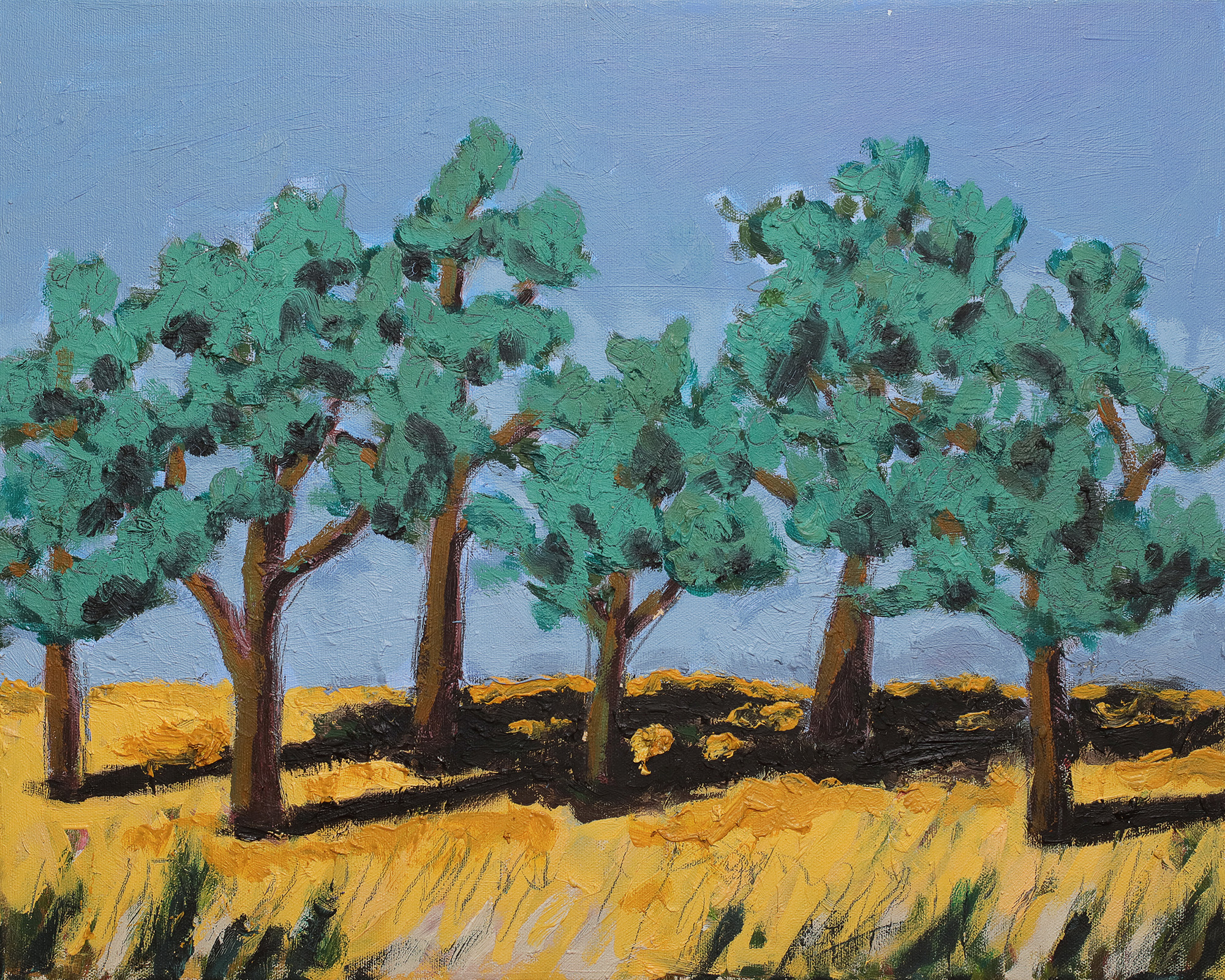 Gemälde Landschaft Provence Portugal Sardinien Kork Eichen Baum gelb hell blau