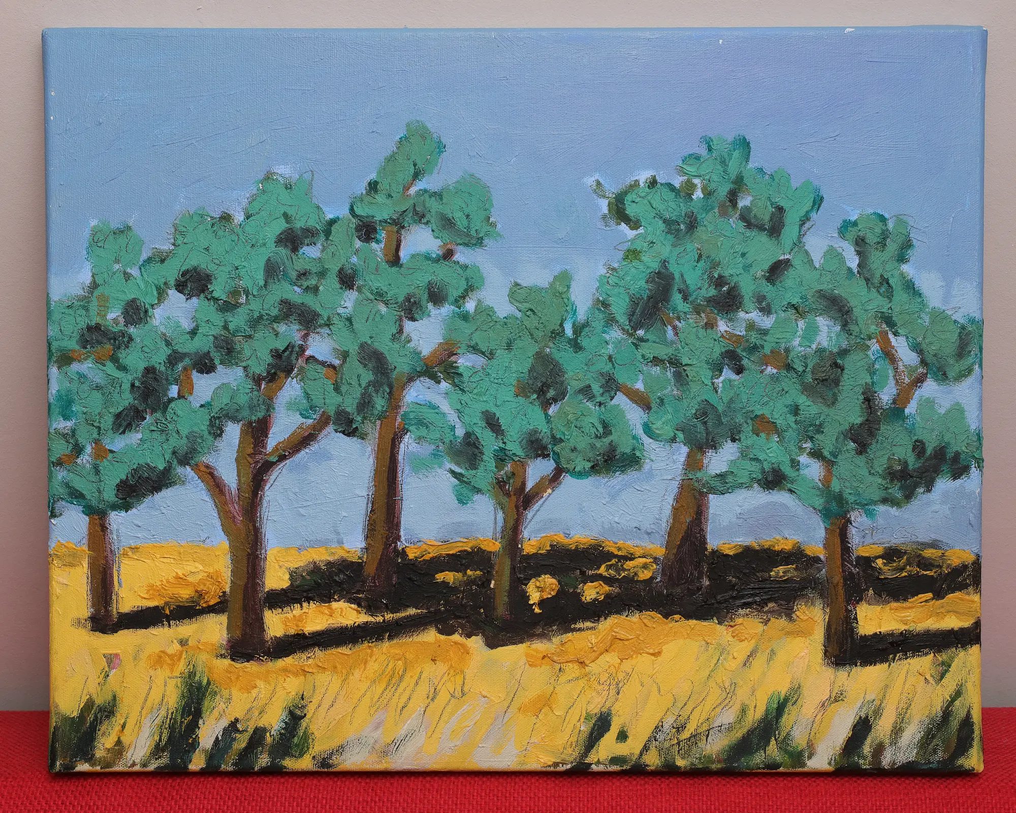 Nahaufnahme Gemälde Landschaft Provence Portugal Sardinien Kork Eichen Baum gelb hell blau