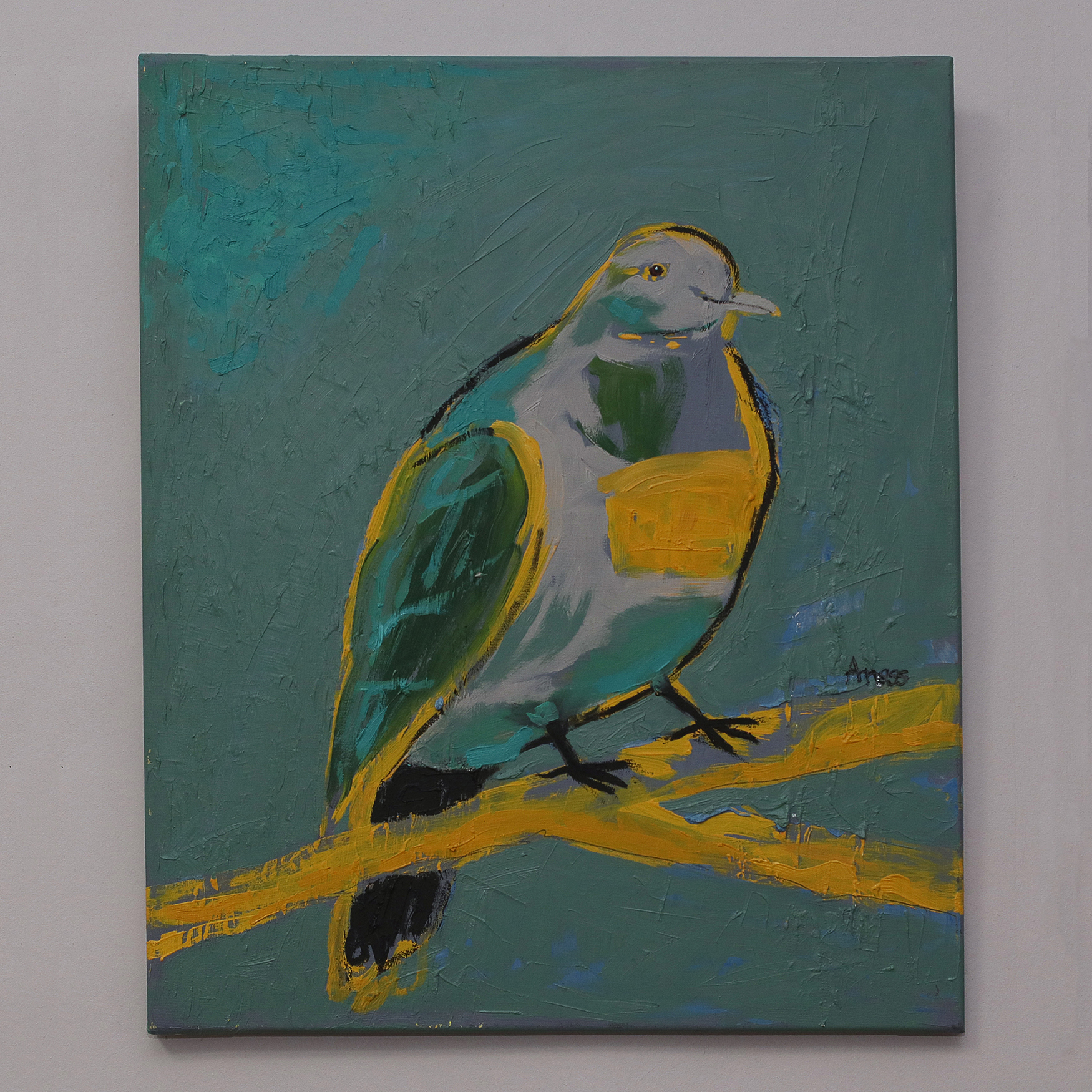 Nahaufnahme echtes Öl Gemälde gruen gelb grau Vogel Taube Tier dick matt abstrakt Kunst