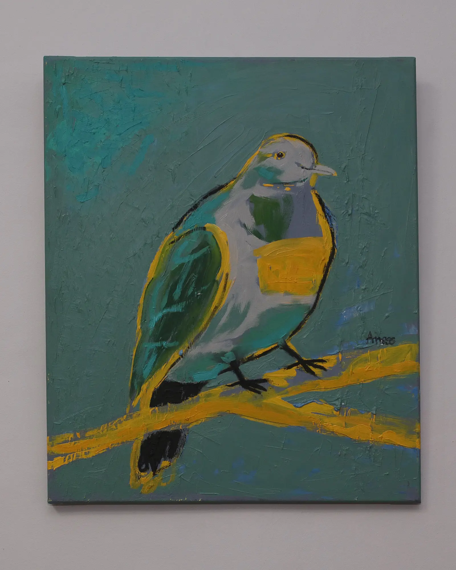 Nahaufnahme echtes Öl Gemälde gruen gelb grau Vogel Taube Tier dick matt abstrakt Kunst