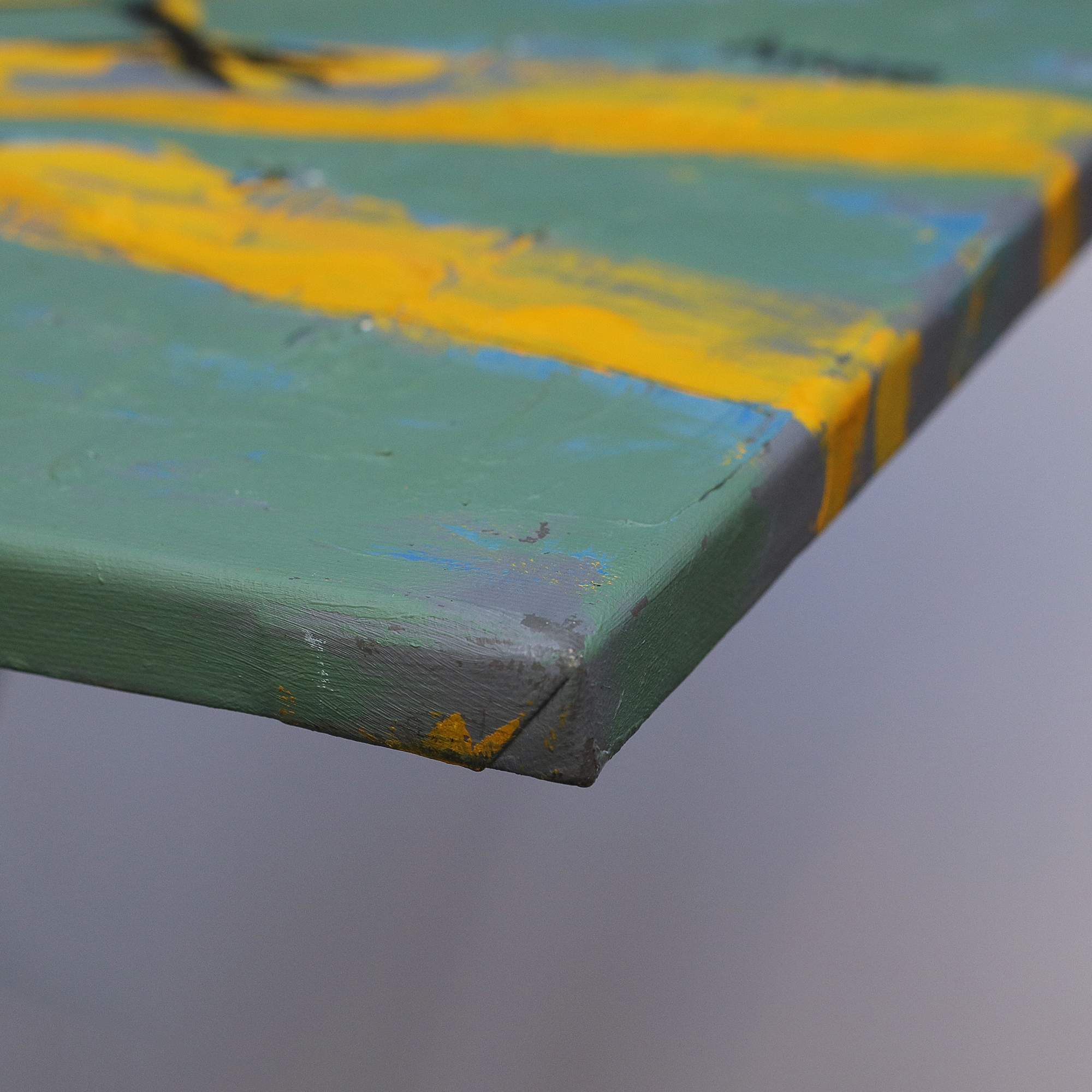 Nahaufnahme echtes Öl Gemälde gruen gelb grau Vogel Taube Tier dick matt abstrakt Kunst