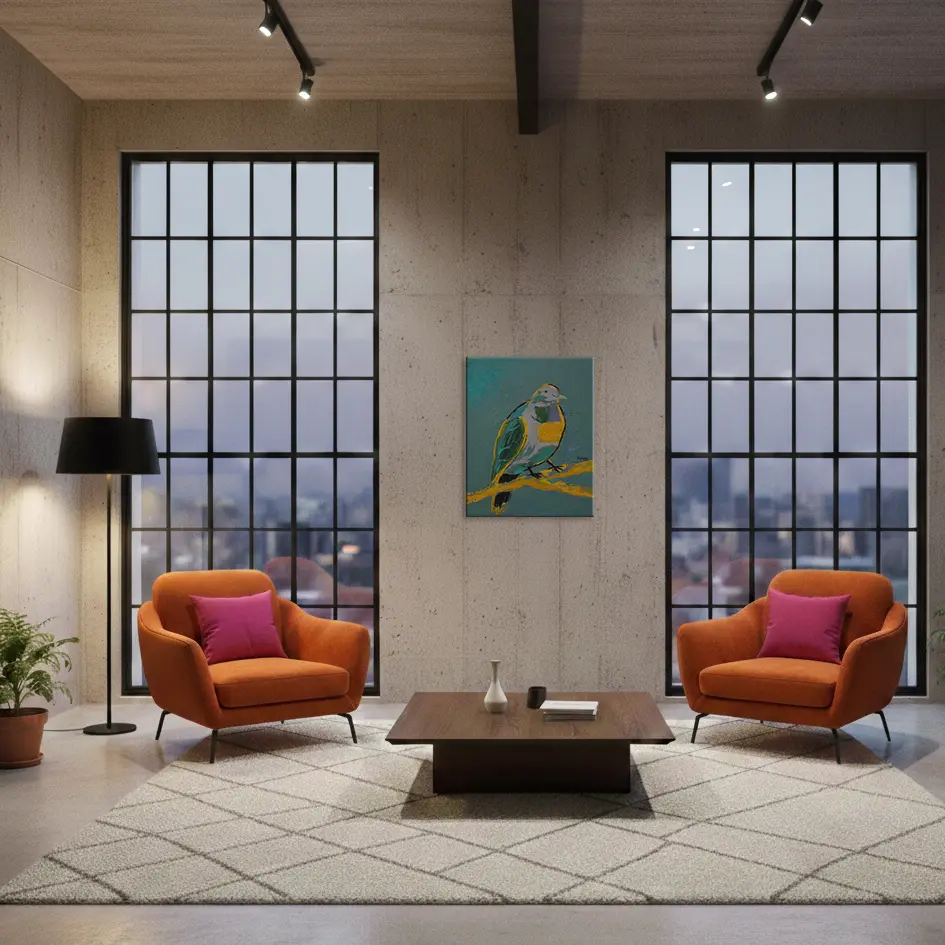 Wandbild für modernes Wohndesign echtes Öl Gemälde gruen gelb grau Vogel Taube Tier dick matt abstrakt Kunst