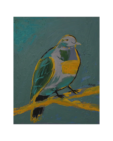 echtes Oel Gemaelde gruen gelb grau Vogel Taube Tier dick matt abstrakt Kunst