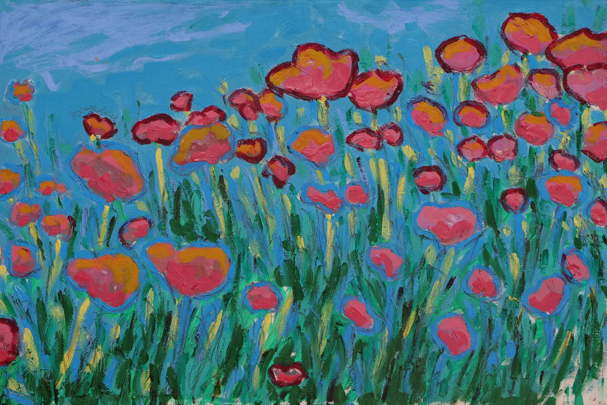 Gemälde Bild Mohn Tulpen Blumen Wiese Feld hell blau rosa pink gruen pastell
