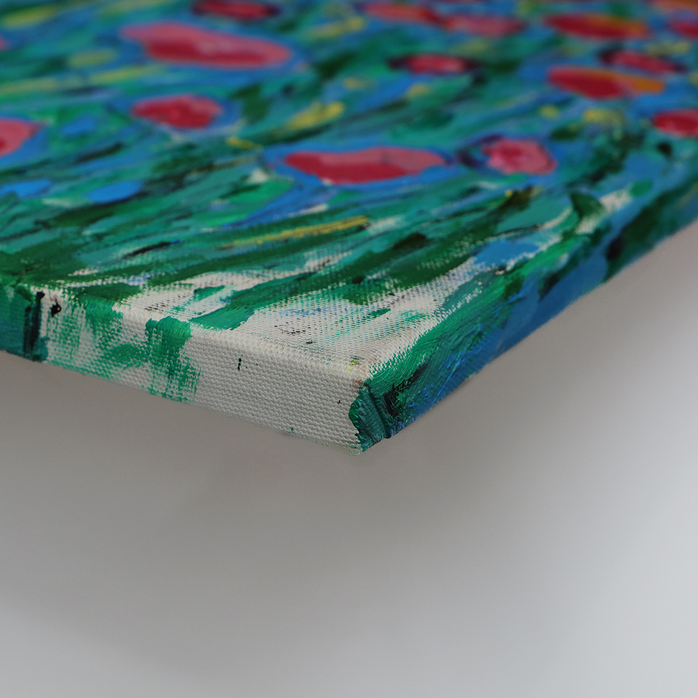 Nahaufnahme Gemälde Bild Mohn Tulpen Blumen Wiese Feld hell blau rosa pink gruen pastell