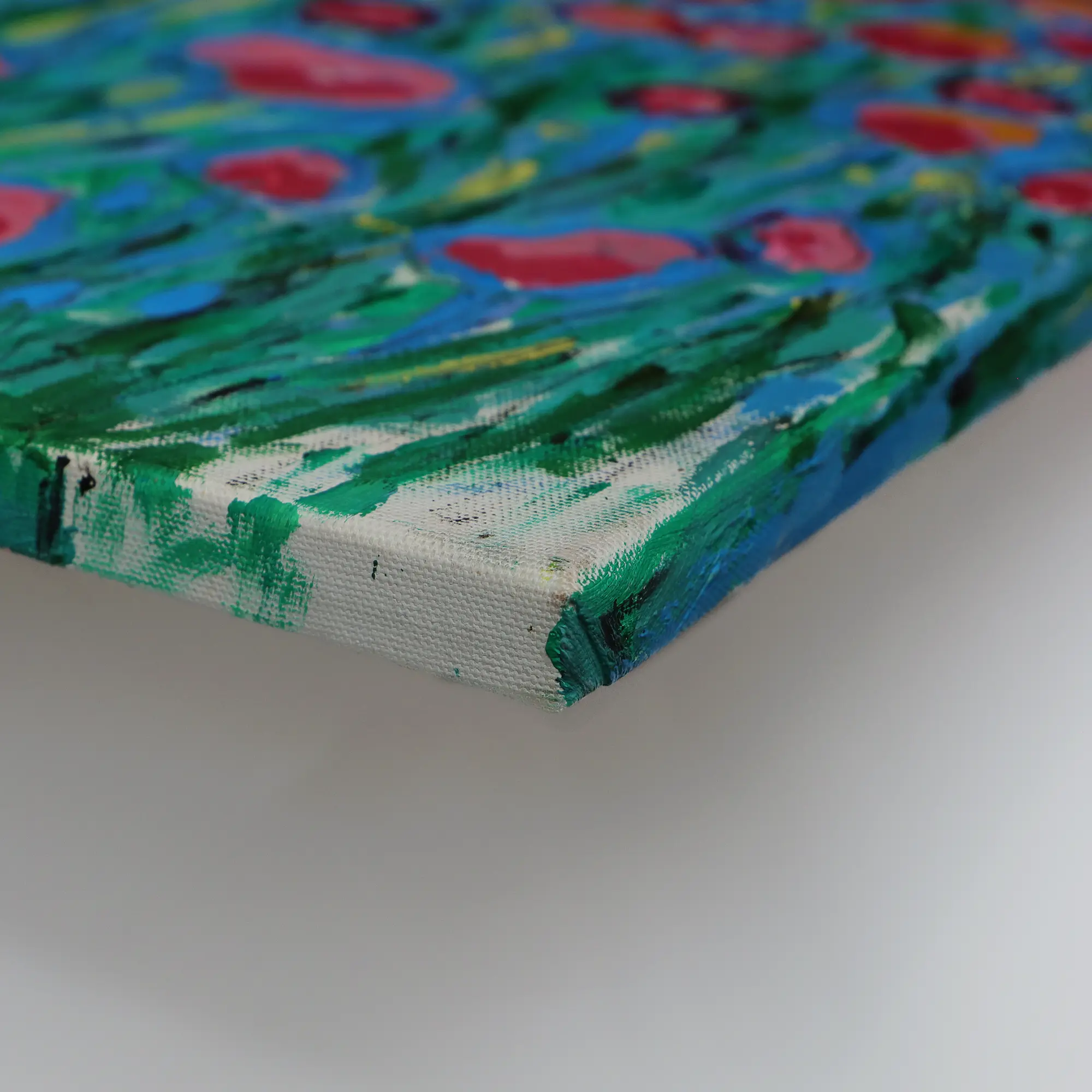 Nahaufnahme Gemälde Bild Mohn Tulpen Blumen Wiese Feld hell blau rosa pink gruen pastell