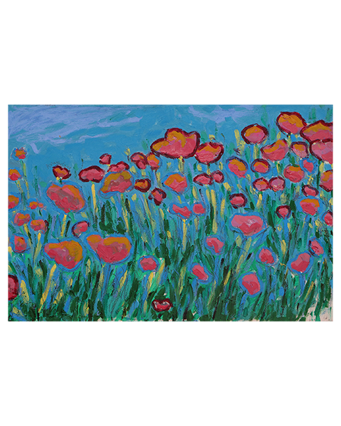 Gemaelde Bild Mohn Tulpen Blumen Wiese Feld hell blau rosa pink gruen pastell