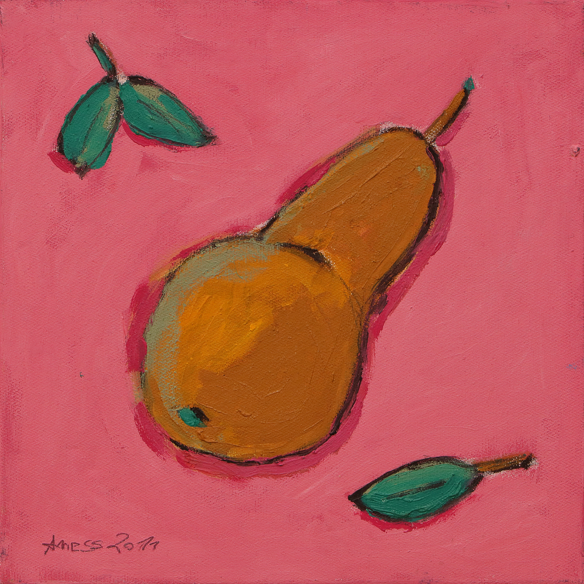 Gemälde XS Mini klein Frucht rosa pink Birne Obst Kueche Esszimmer Kunst Oel