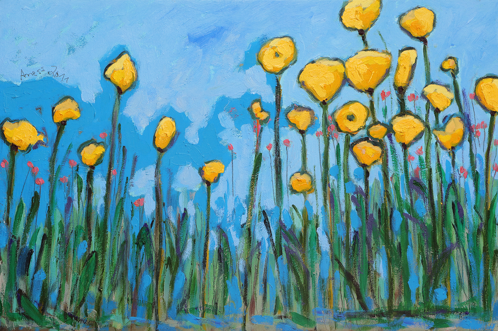 Gemälde Blumen Wiese Feld Acker Mohn hell blau gelb grün Kunst Unikat Tulpen