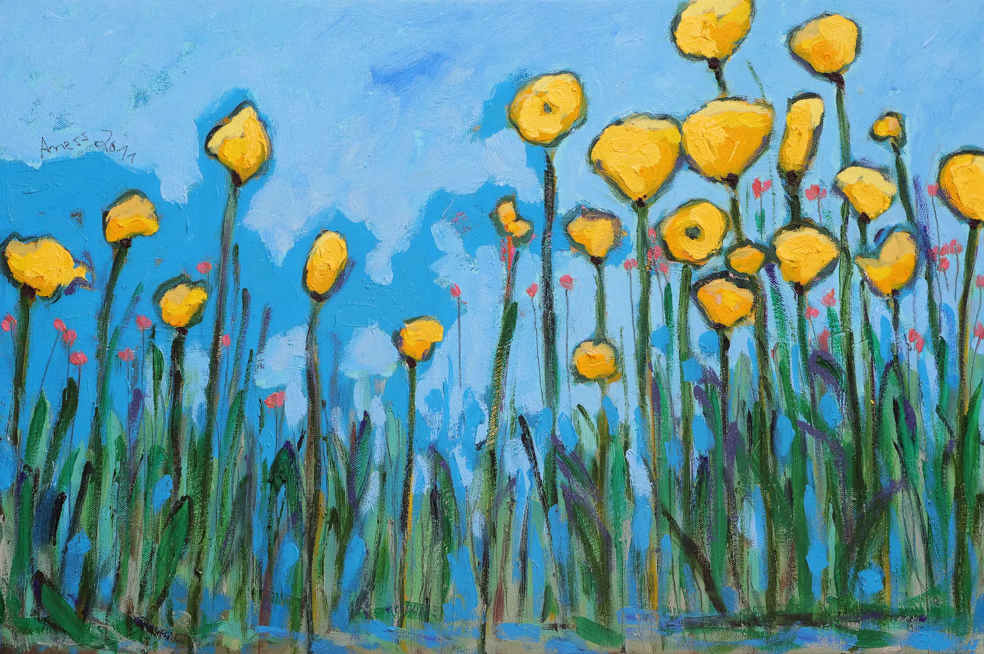 Gemälde Blumen Wiese Feld Acker Mohn hell blau gelb grün Kunst Unikat Tulpen