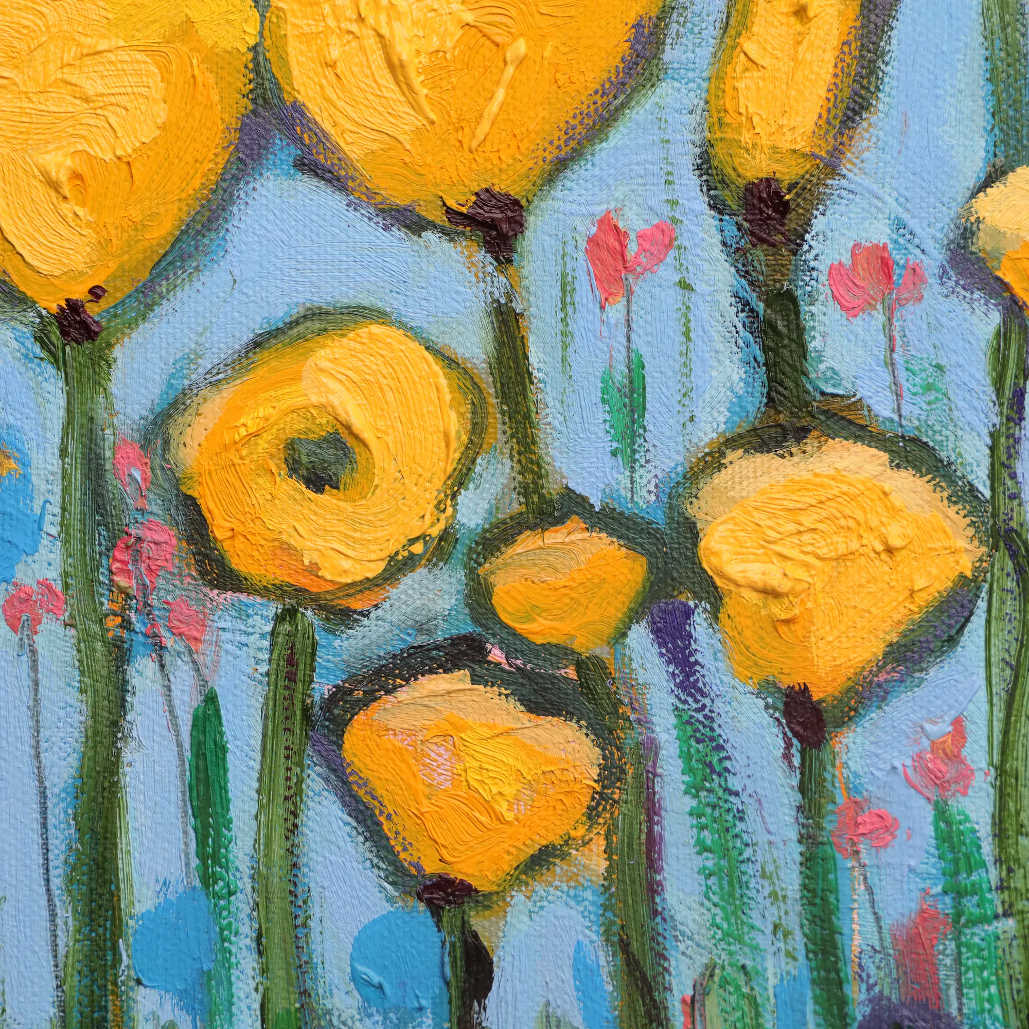 Nahaufnahme Gemälde Blumen Wiese Feld Acker Mohn hell blau gelb grün Kunst Unikat Tulpen