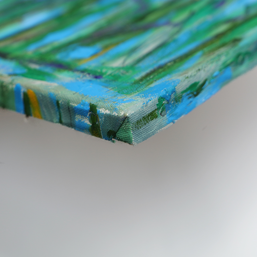 Nahaufnahme Gemälde Blumen Wiese Feld Acker Mohn hell blau gelb grün Kunst Unikat Tulpen