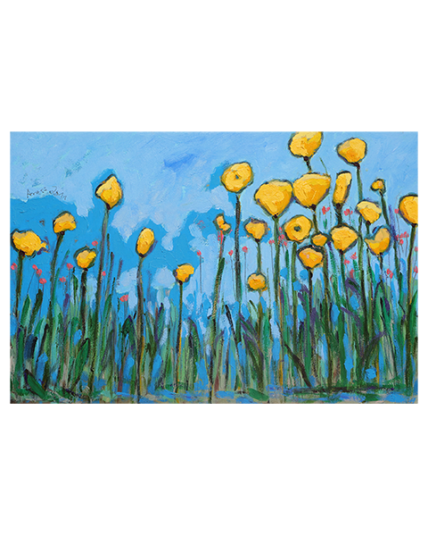 Gemaelde Blumen Wiese Feld Acker Mohn hell blau gelb gruen Kunst Unikat Tulpen