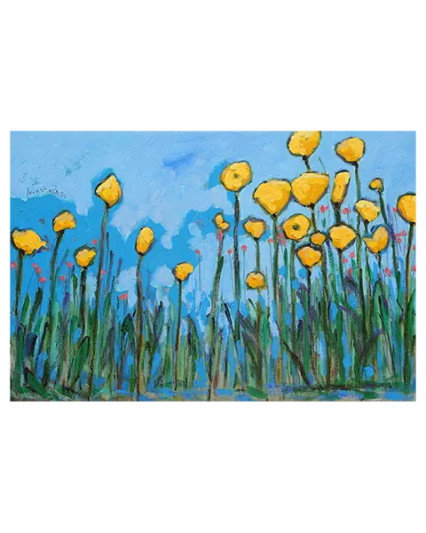 Gemälde Blumen Wiese Feld Acker Mohn hell blau gelb grün Kunst Unikat Tulpen