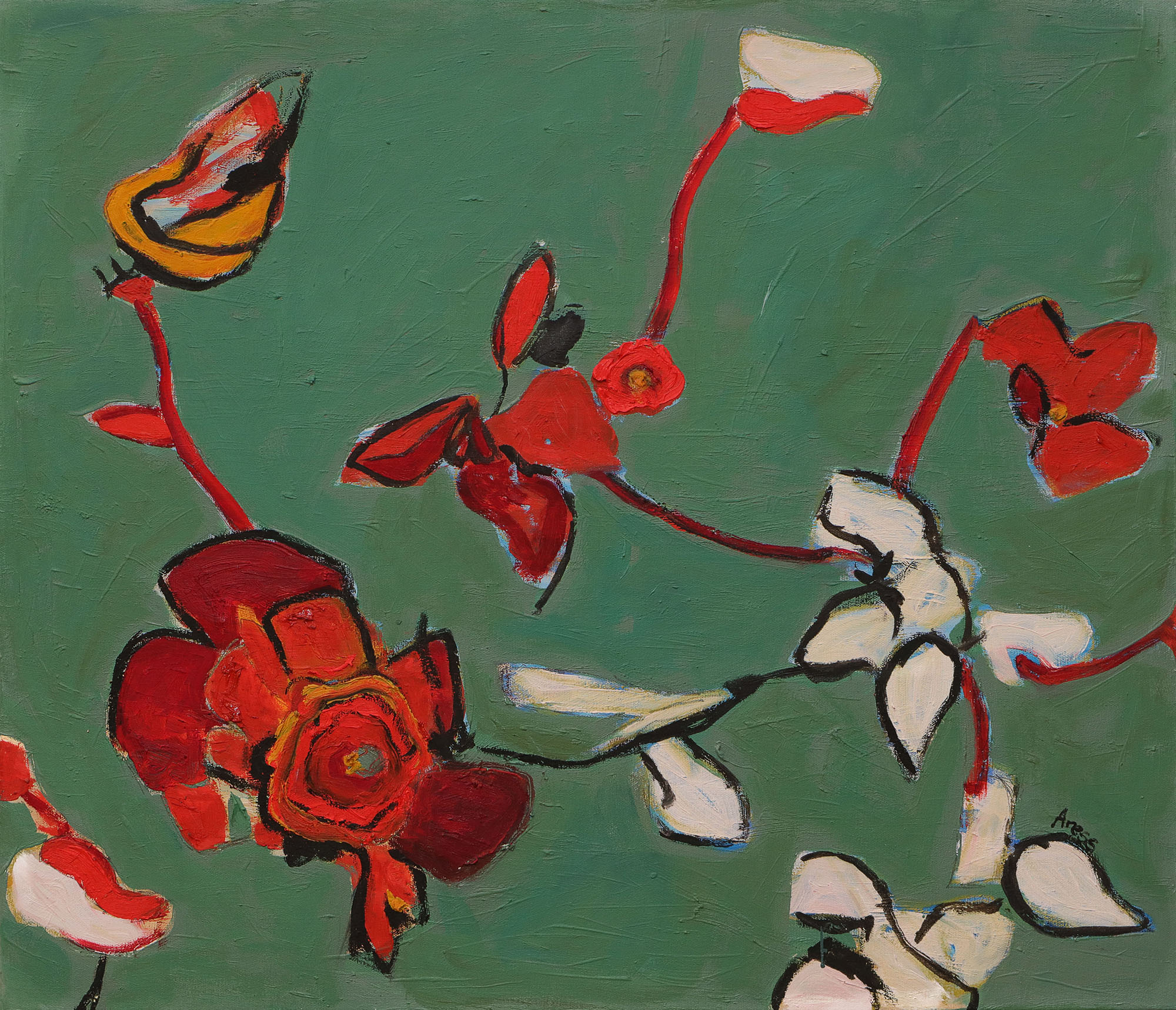 echtes Gemälde Blaetter Knospen Blueten Apfel Kirsch Baum Dornen gruen rot weiss