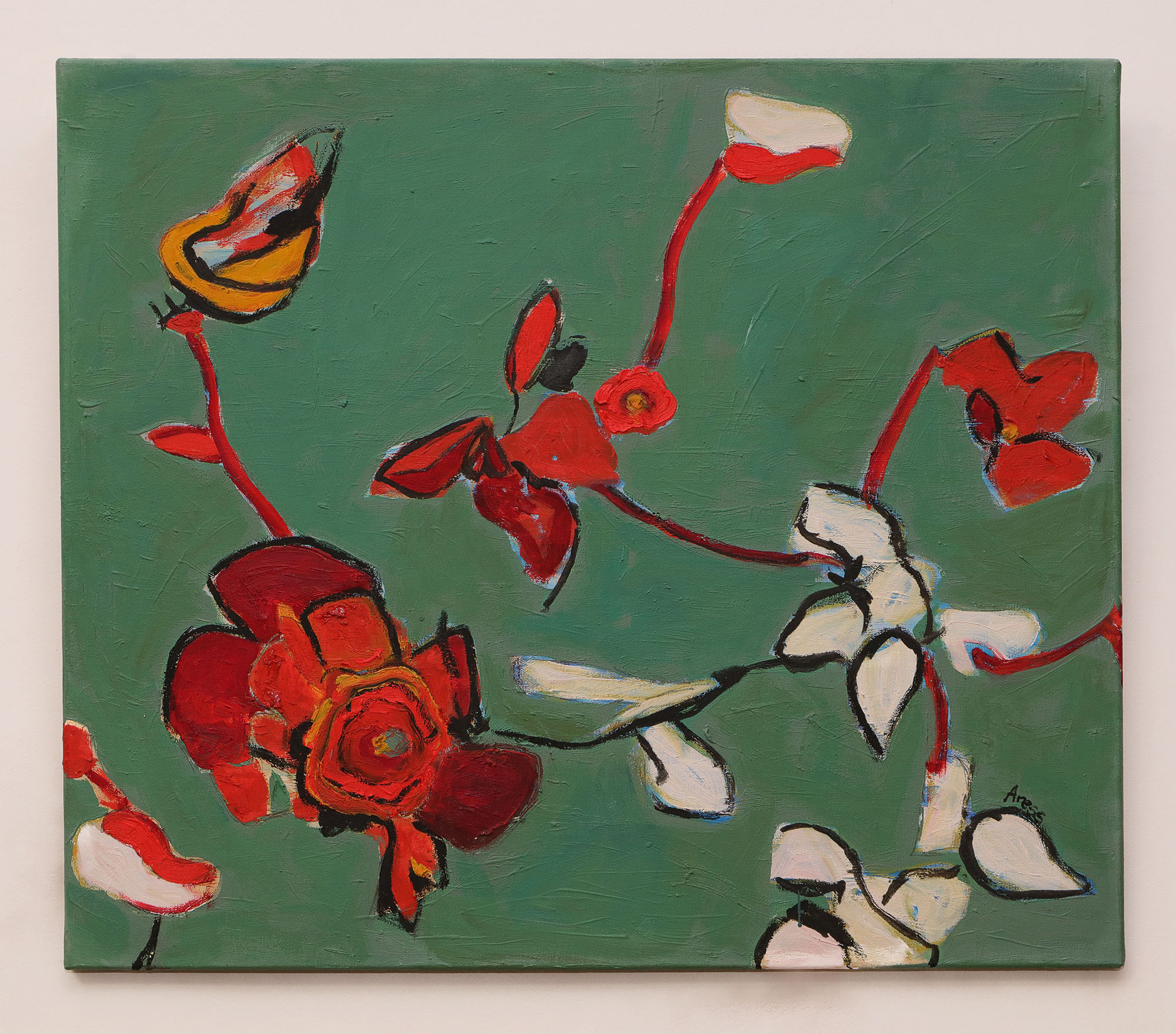 Nahaufnahme echtes Gemälde Blaetter Knospen Blueten Apfel Kirsch Baum Dornen gruen rot weiss