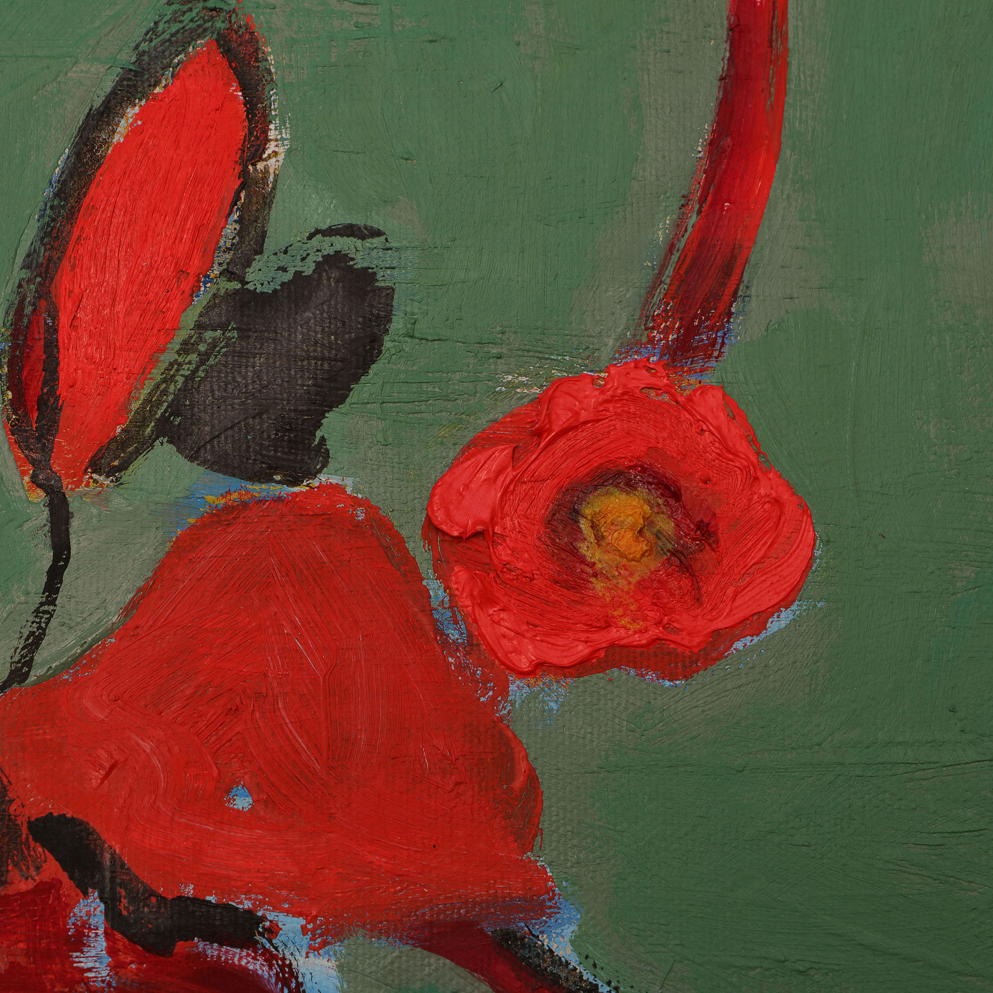 Nahaufnahme echtes Gemälde Blaetter Knospen Blueten Apfel Kirsch Baum Dornen gruen rot weiss