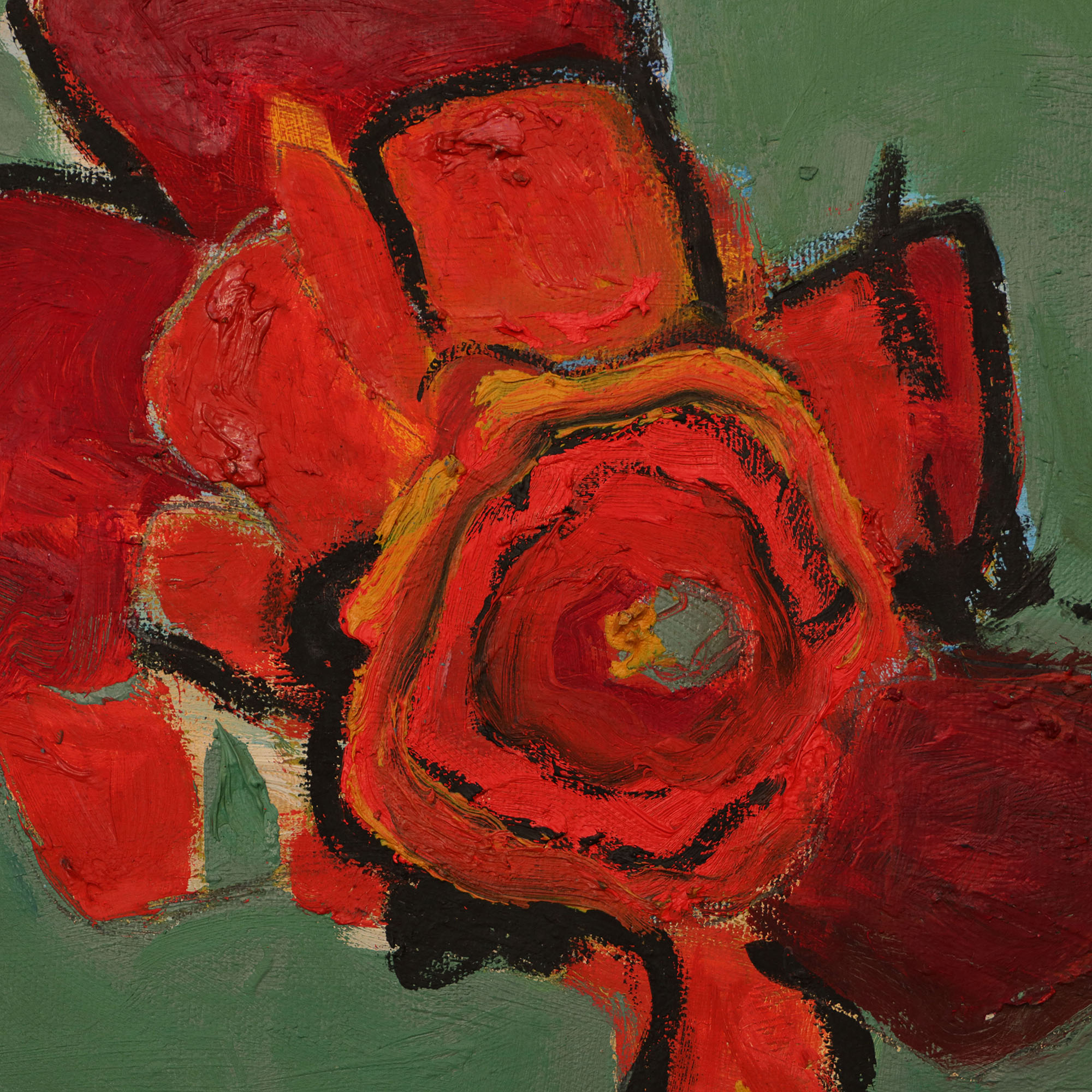 Nahaufnahme echtes Gemälde Blaetter Knospen Blueten Apfel Kirsch Baum Dornen gruen rot weiss