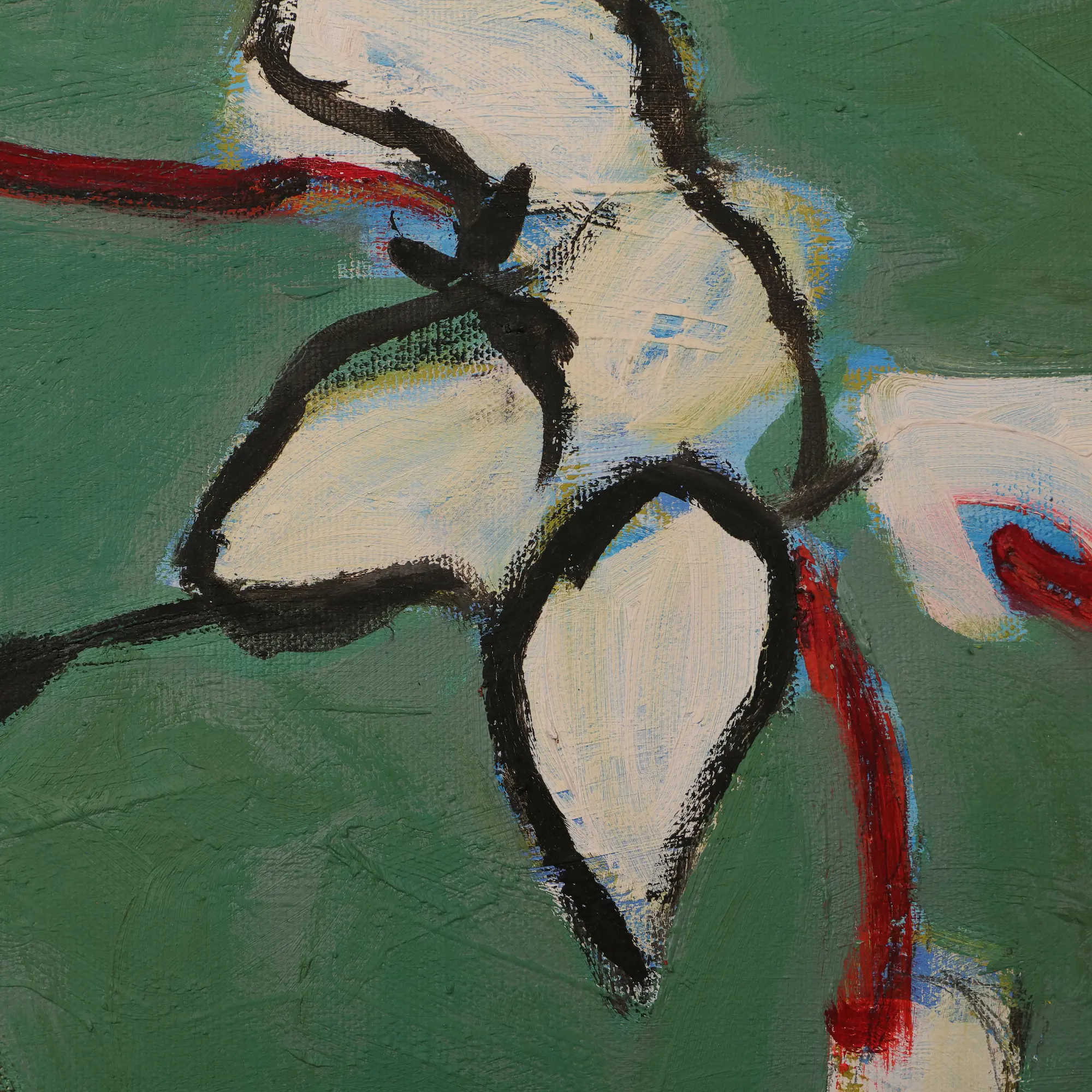 Nahaufnahme echtes Gemälde Blaetter Knospen Blueten Apfel Kirsch Baum Dornen gruen rot weiss