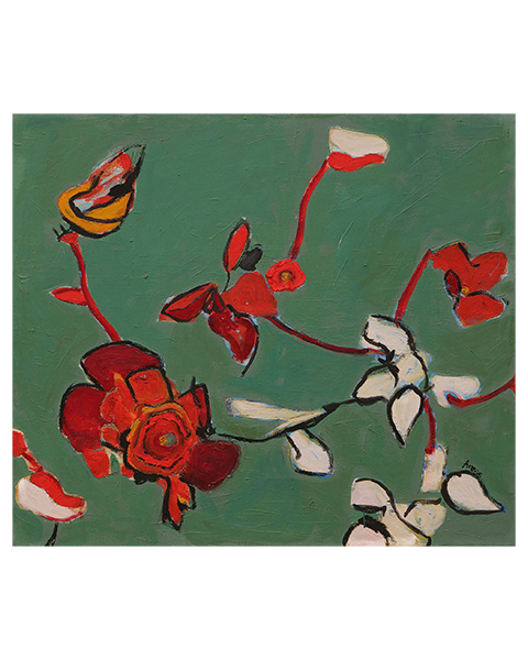 echtes Gemaelde Blaetter Knospen Blueten Apfel Kirsch Baum Dornen gruen rot weiss