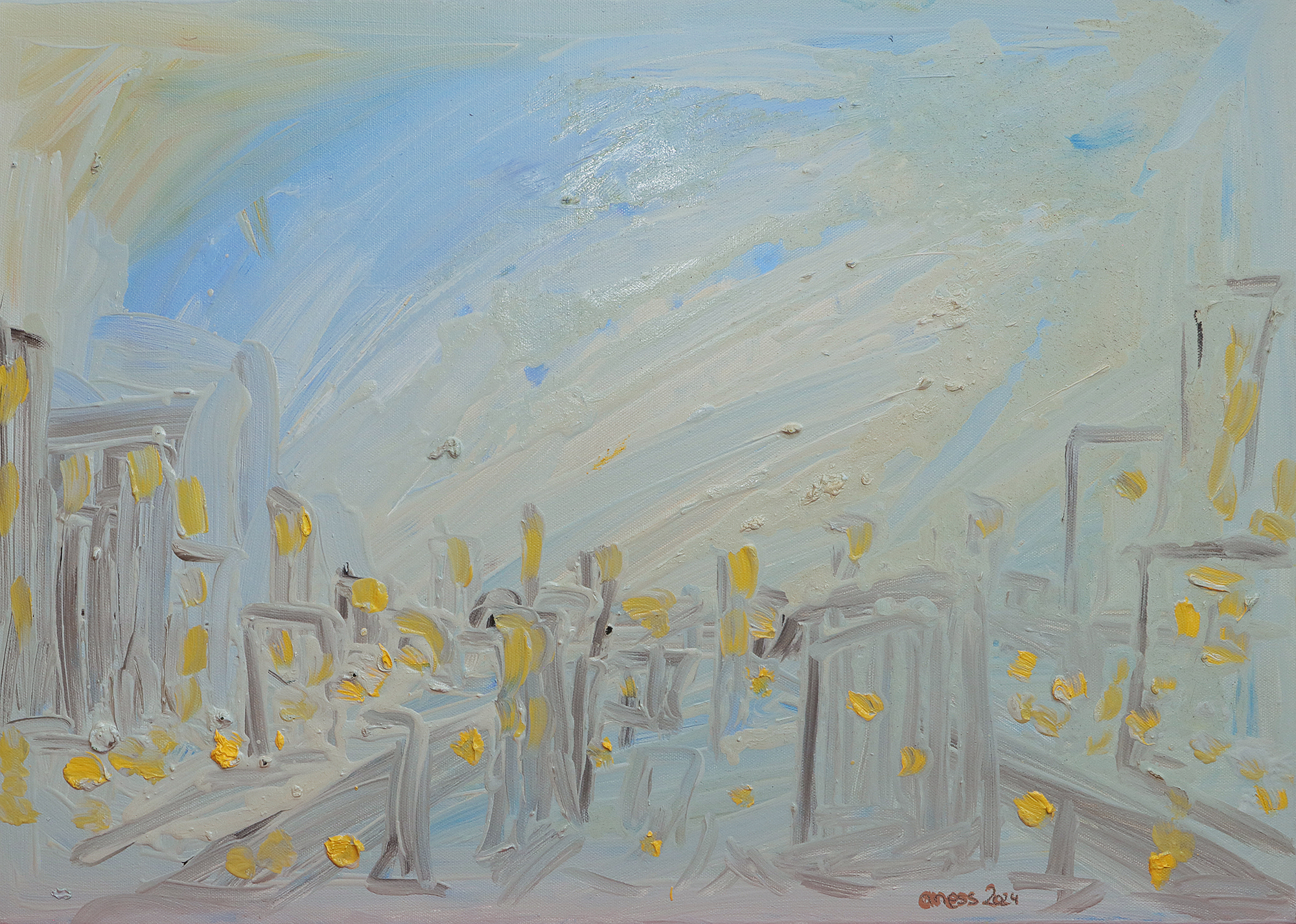 Gemaelde Frankfurt New York Grossstadt Stadt Skyline Hochhaeuser grau hell alla-prima