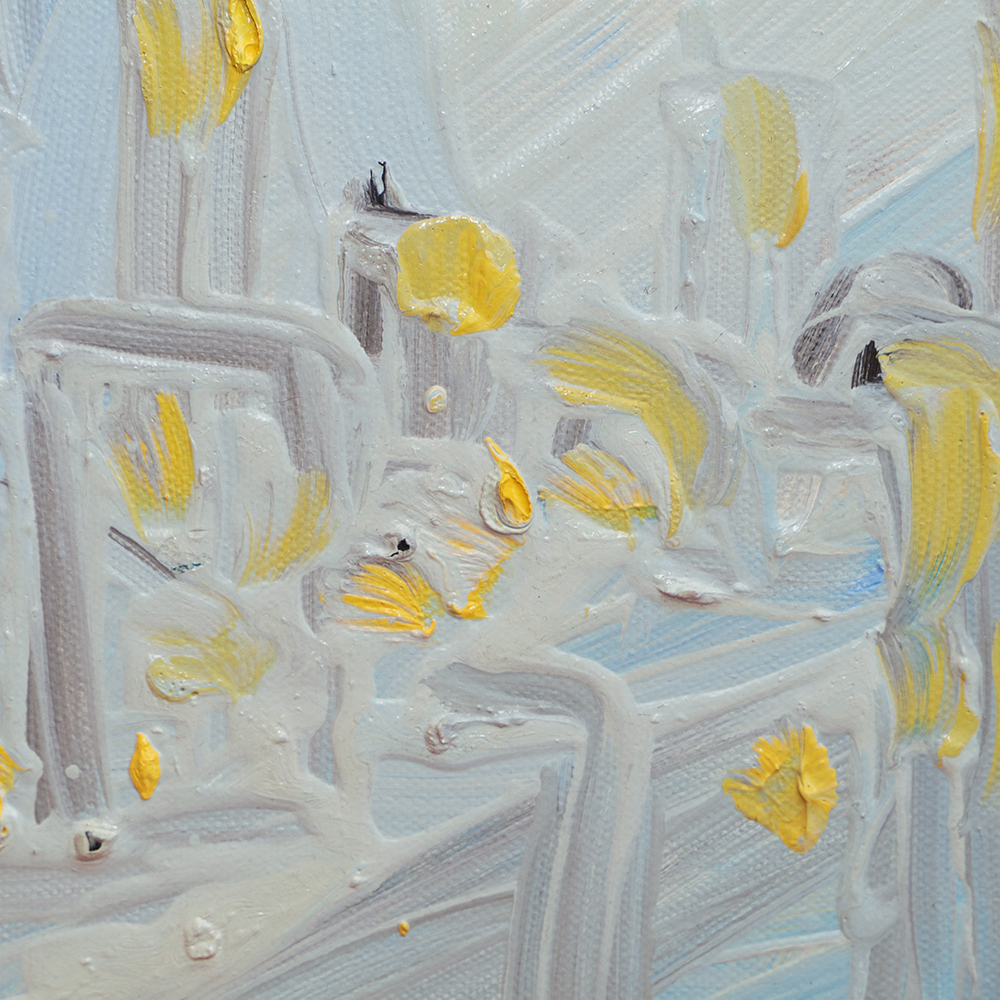 Nahaufnahme Gemaelde Frankfurt New York Grossstadt Stadt Skyline Hochhaeuser grau hell alla-prima