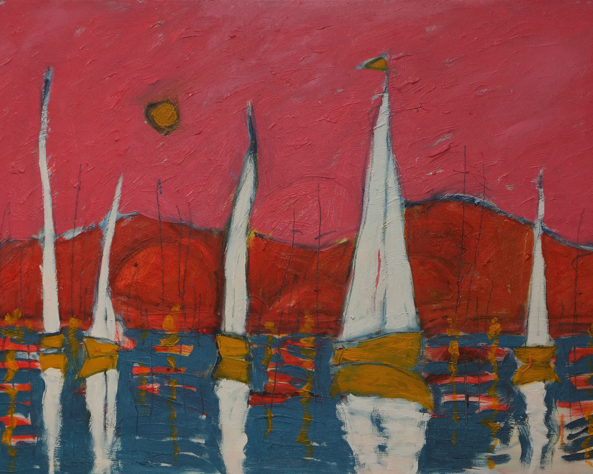 XL Gemaelde Bild Meer rot rosa Sonne Berg Segel Boot Boote Urlaub blau Capri See