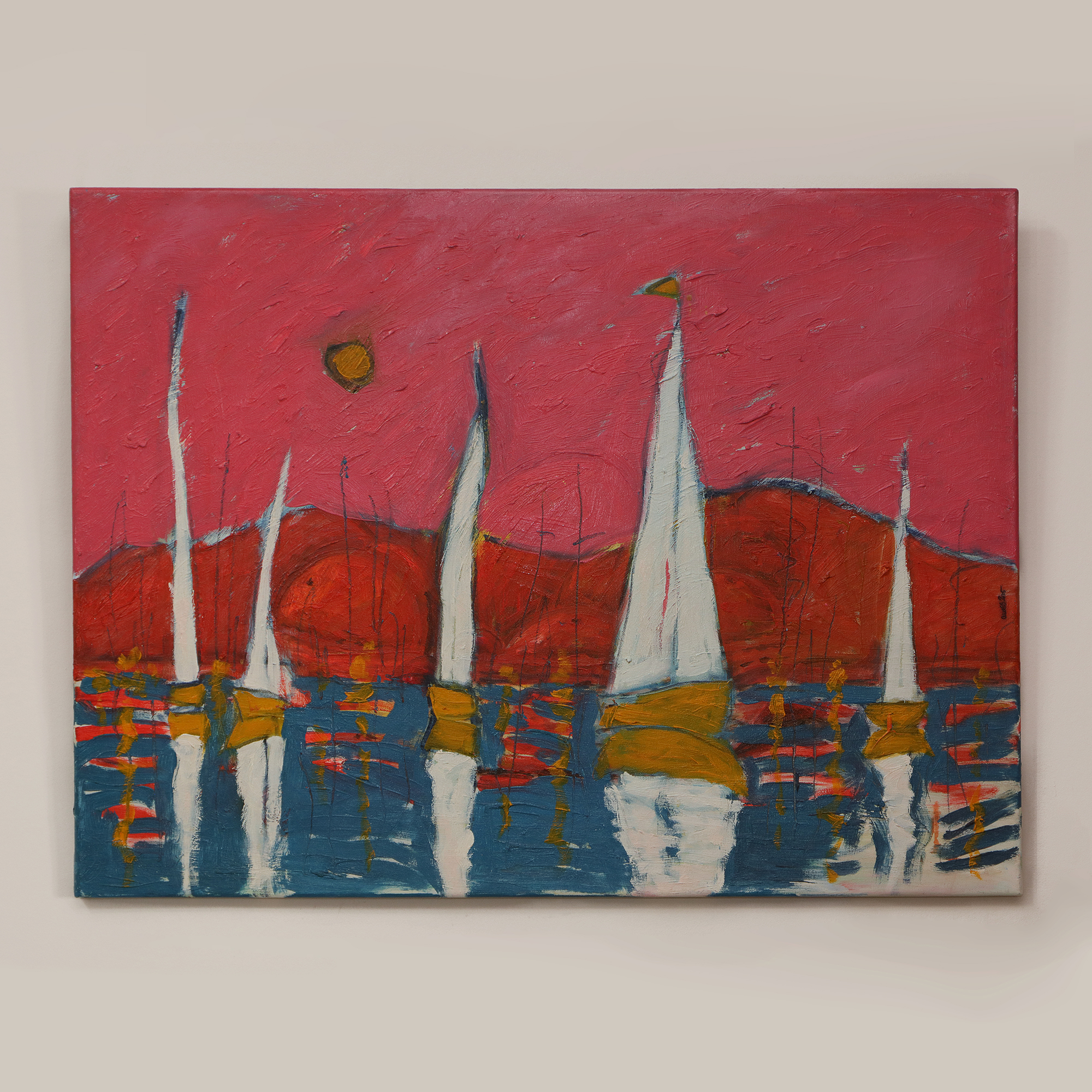 Nahaufnahme XL Gemaelde Bild Meer rot rosa Sonne Berg Segel Boot Boote Urlaub blau Capri See