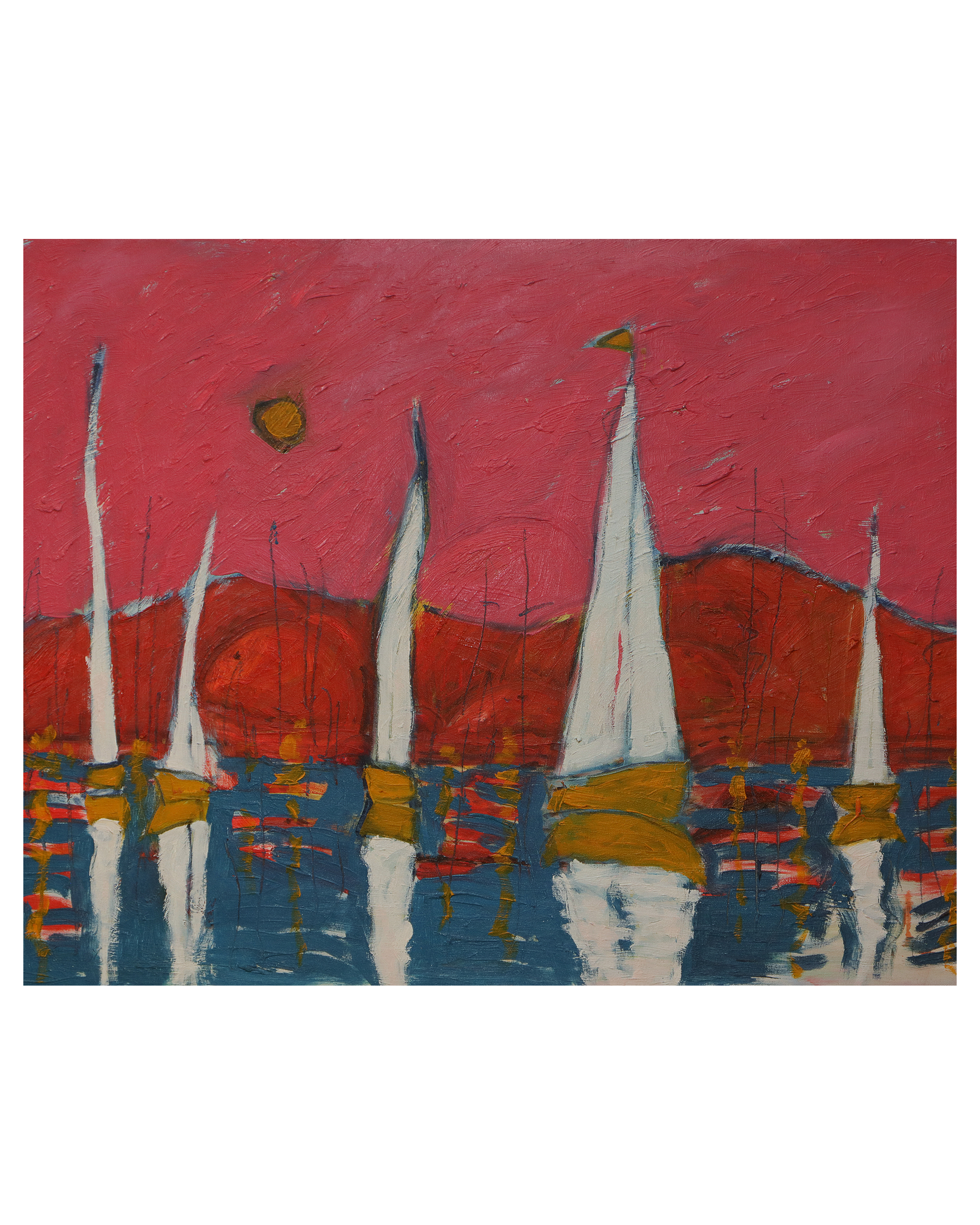 XL Gemaelde Bild Meer rot rosa Sonne Berg Segel Boot Boote Urlaub blau Capri See