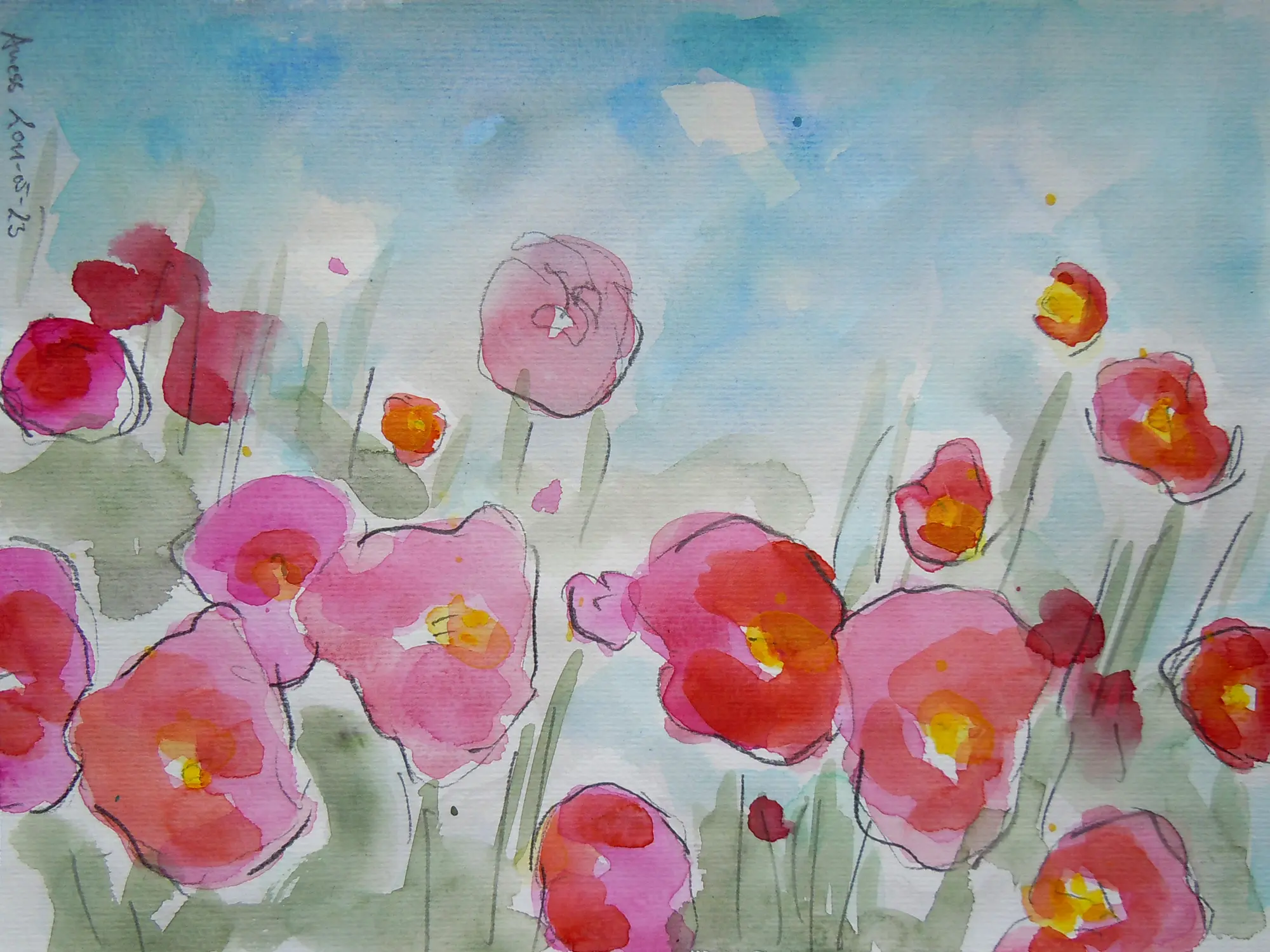 echtes Aquarell Gemälde Unikat Mohn Tulpen Blumen Wiese Feld XS klein pink rosa