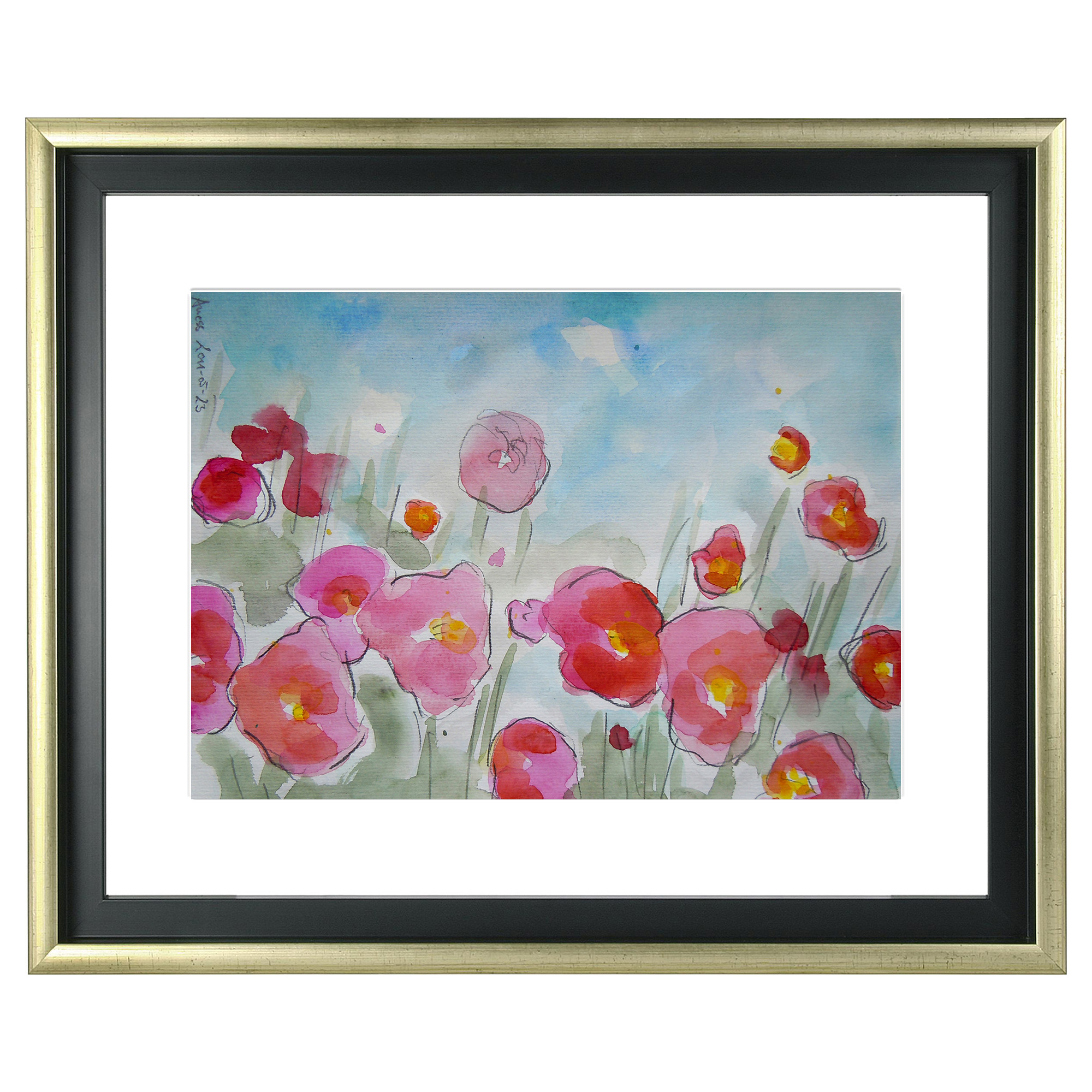 Nahaufnahme echtes Aquarell Gemälde Unikat Mohn Tulpen Blumen Wiese Feld XS klein pink rosa
