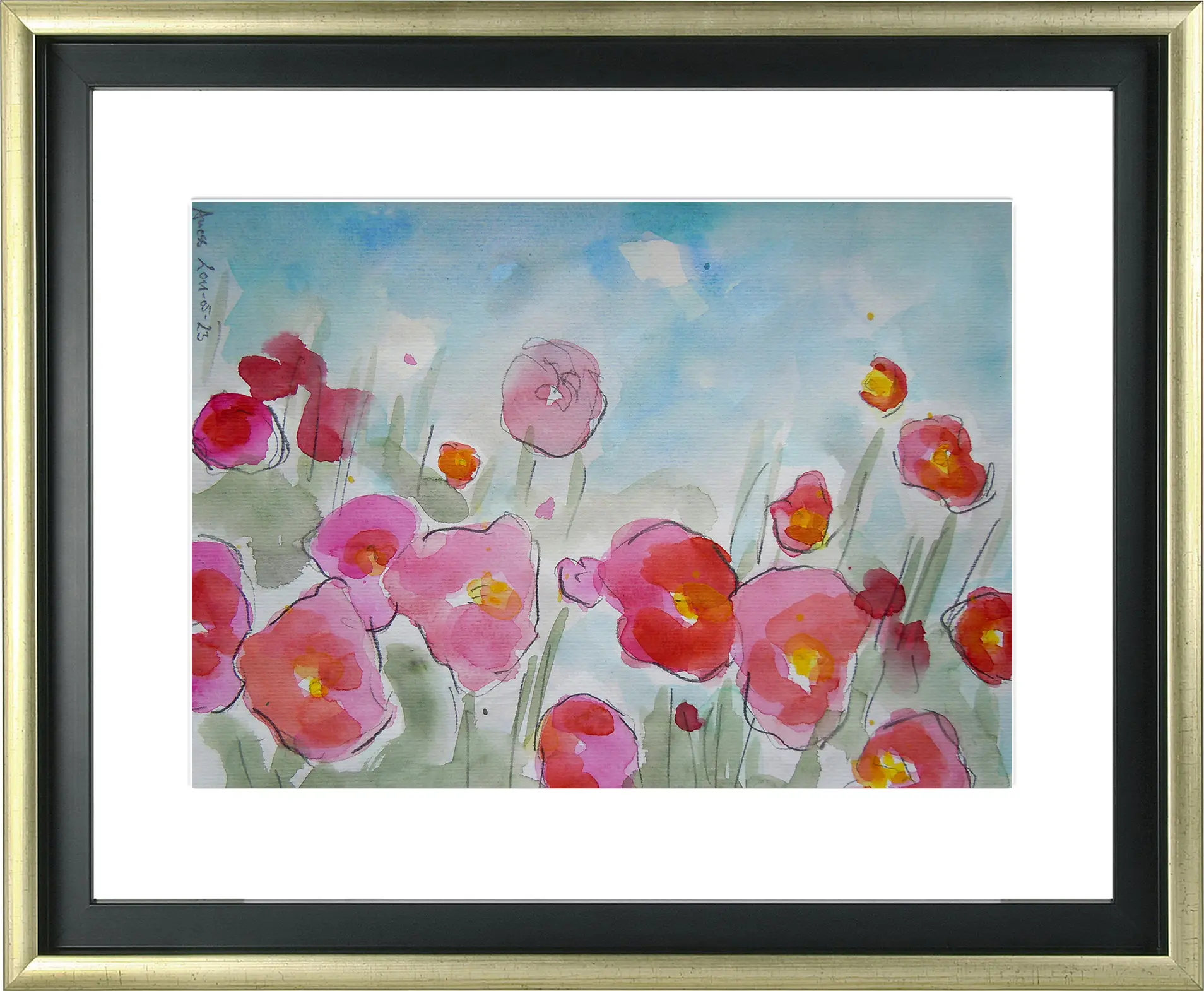Nahaufnahme echtes Aquarell Gemälde Unikat Mohn Tulpen Blumen Wiese Feld XS klein pink rosa
