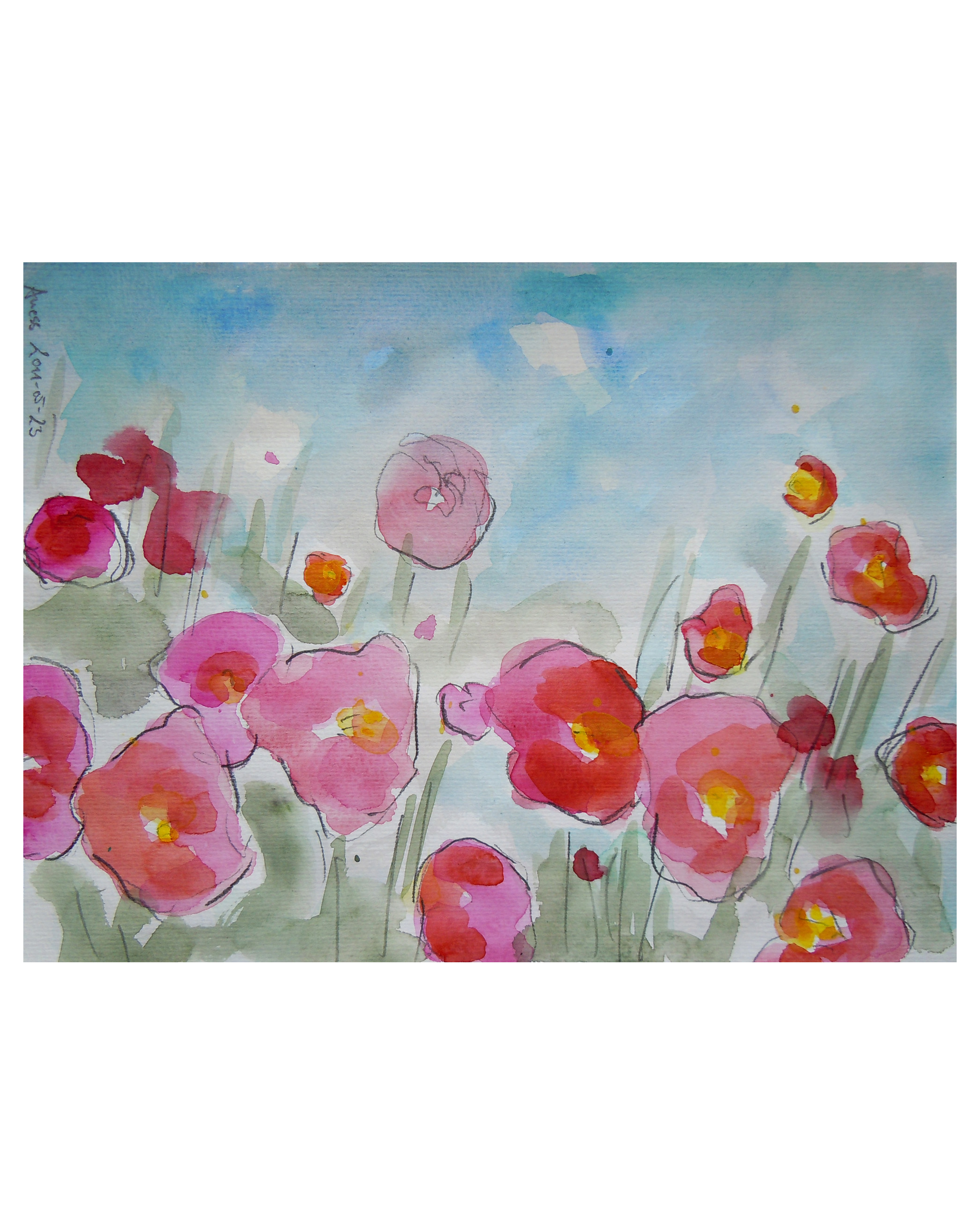 echtes Aquarell Gemaelde Unikat Moh Tulpen Blumen Wiese Feld XS klein pink rosa