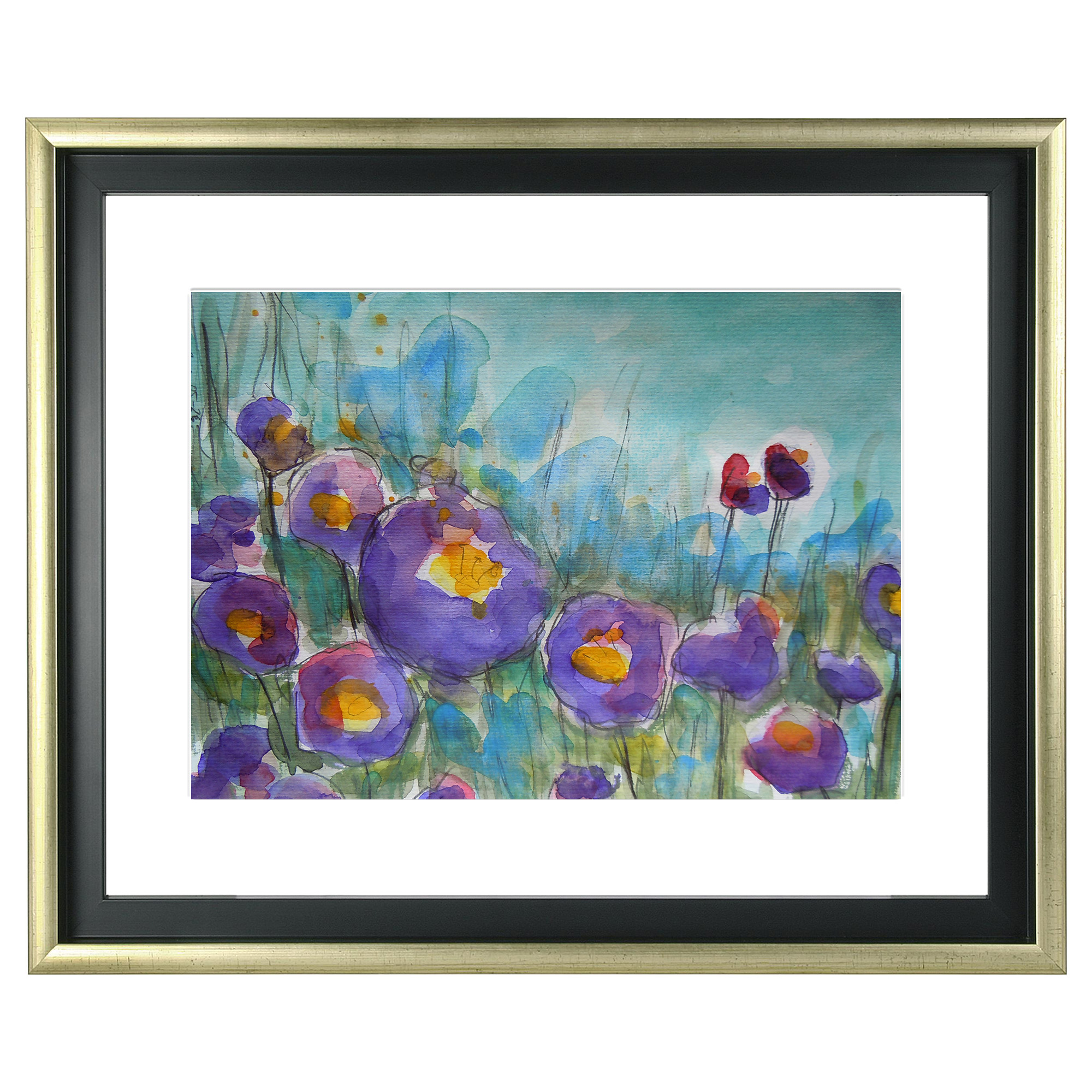 Nahaufnahme echtes Aquarell Gemälde Unikat Mohn Tulpen Blumen Wiese Feld XS klein blau lila
