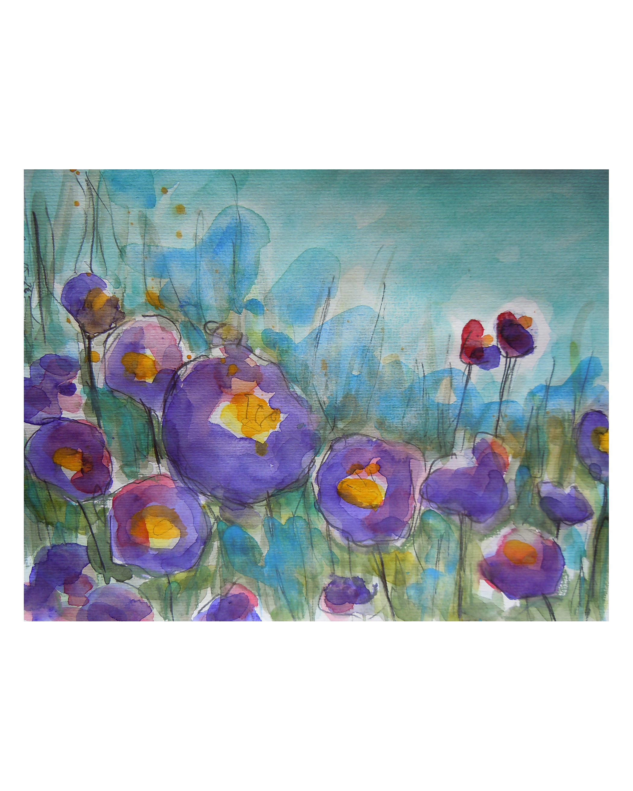 echtes Aquarell Gemaelde Unikat Moh Tulpen Blumen Wiese Feld XS klein blau lila