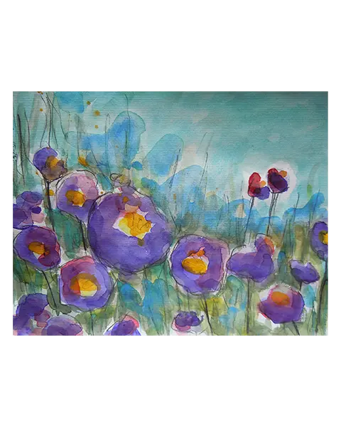 echtes Aquarell Gemälde Unikat Mohn Tulpen Blumen Wiese Feld XS klein blau lila
