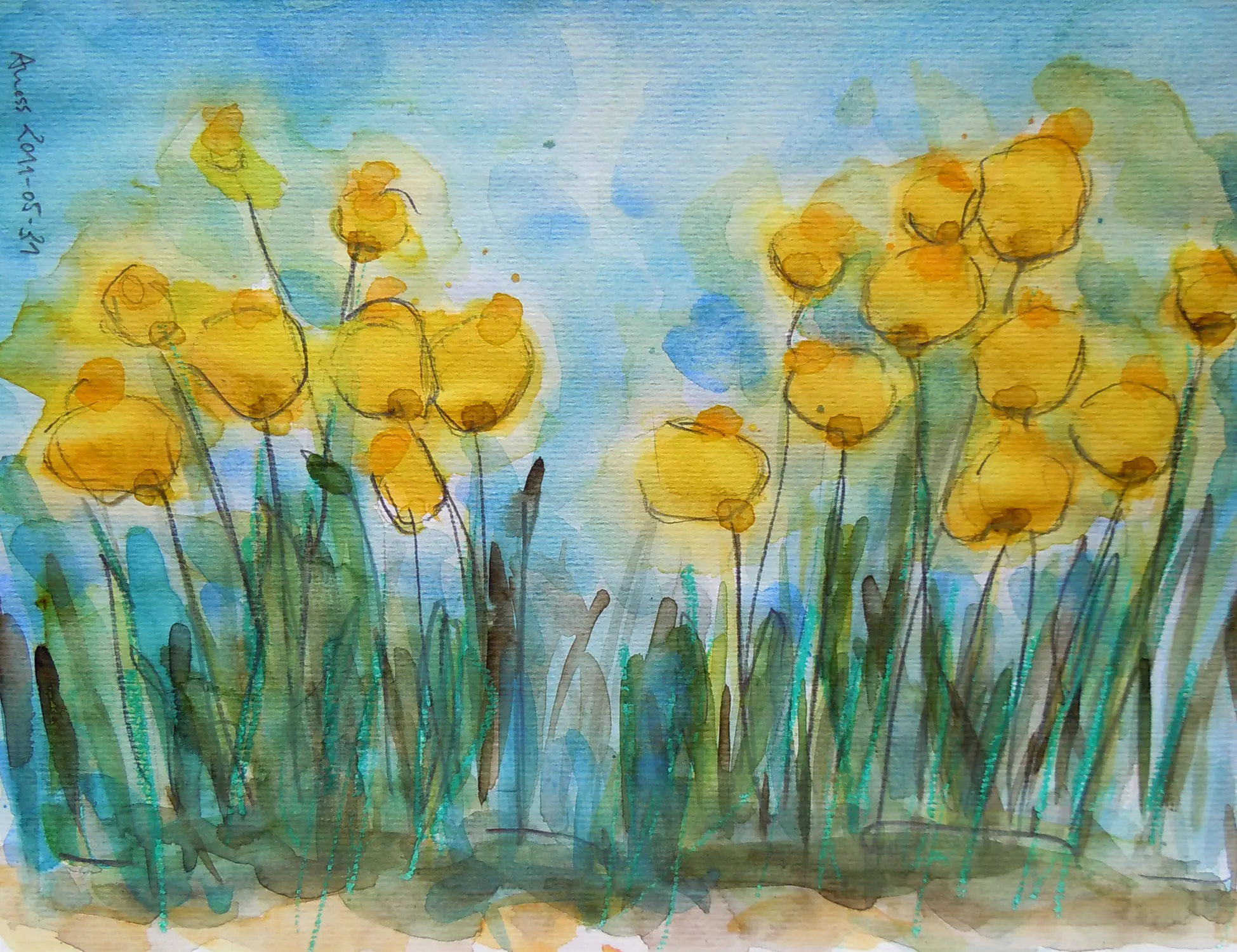 echtes Aquarell Gemälde Unikat Mohn Tulpen Blumen Wiese Feld XS klein blau gelb