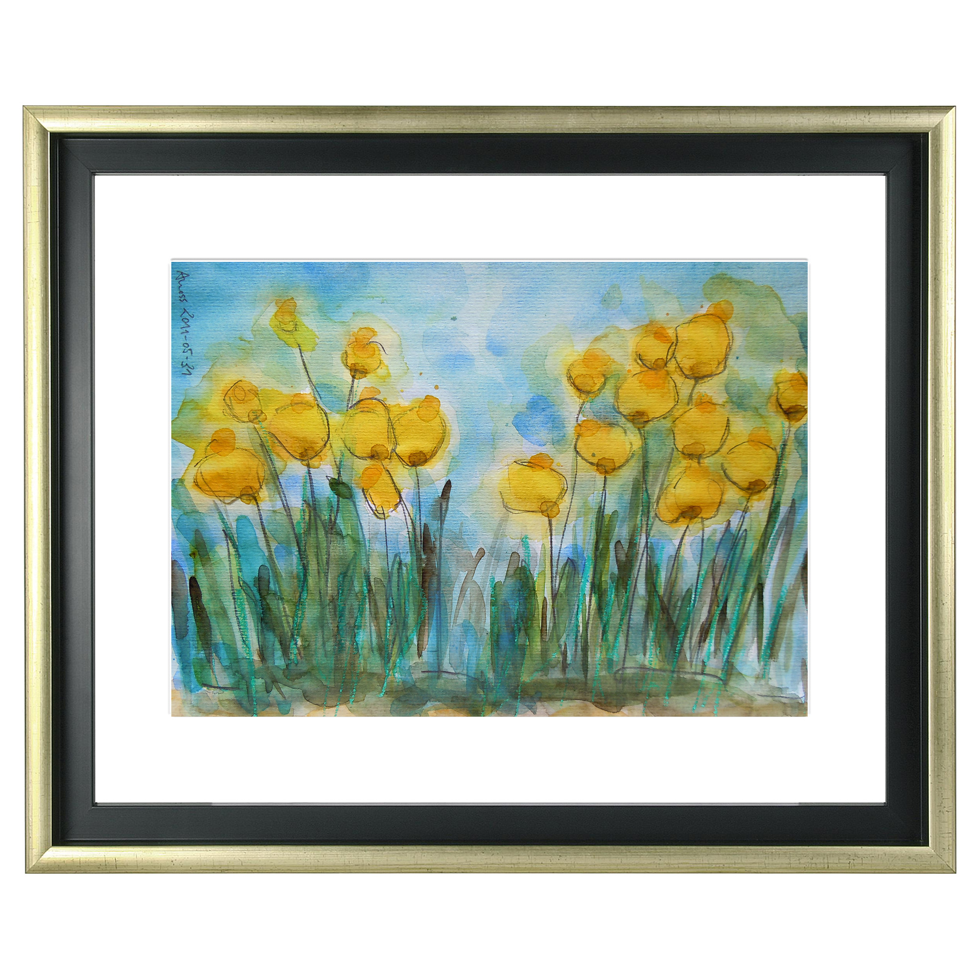 Nahaufnahme echtes Aquarell Gemälde Unikat Mohn Tulpen Blumen Wiese Feld XS klein blau gelb