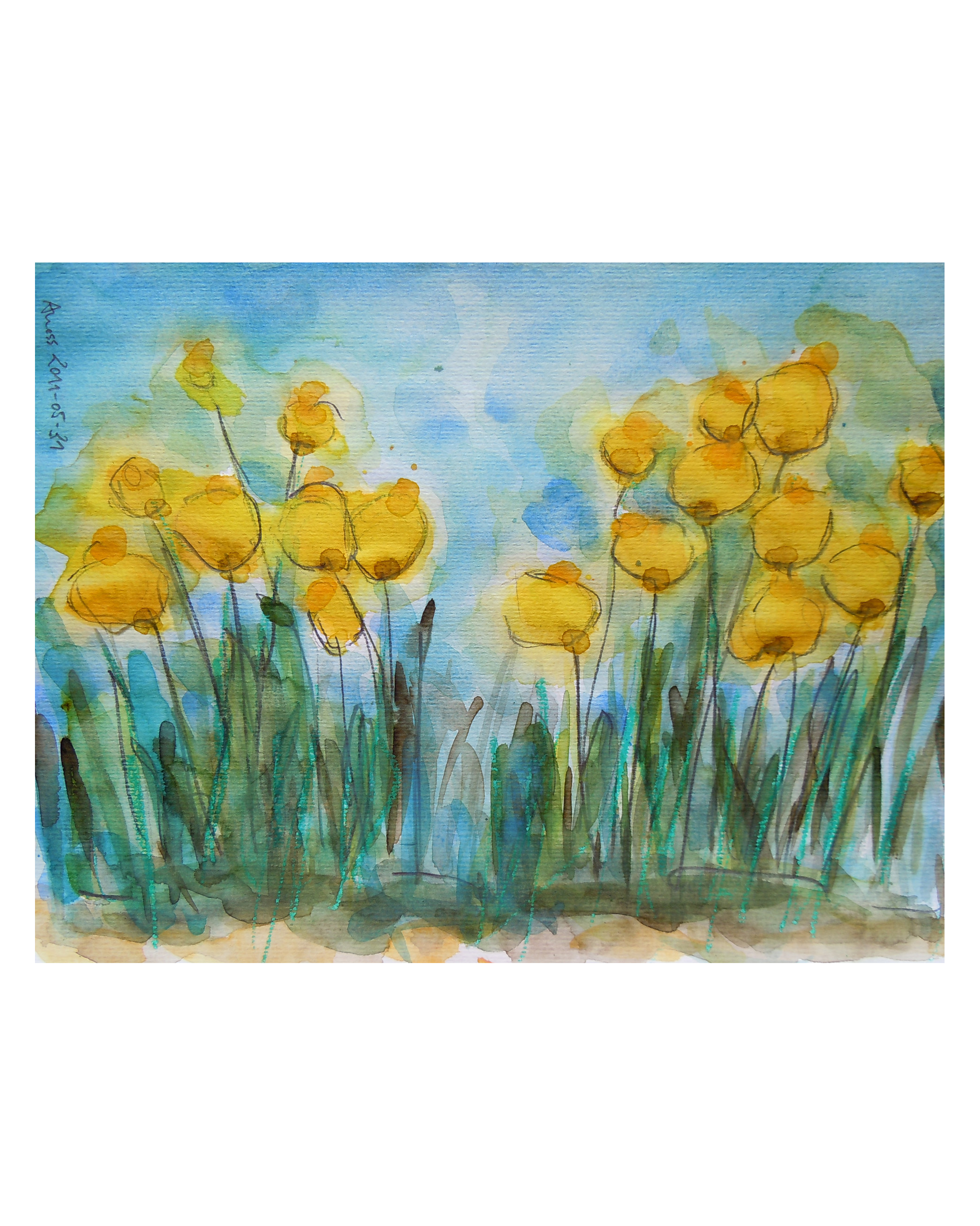 echtes Aquarell Gemaelde Unikat Moh Tulpen Blumen Wiese Feld XS klein blau gelb