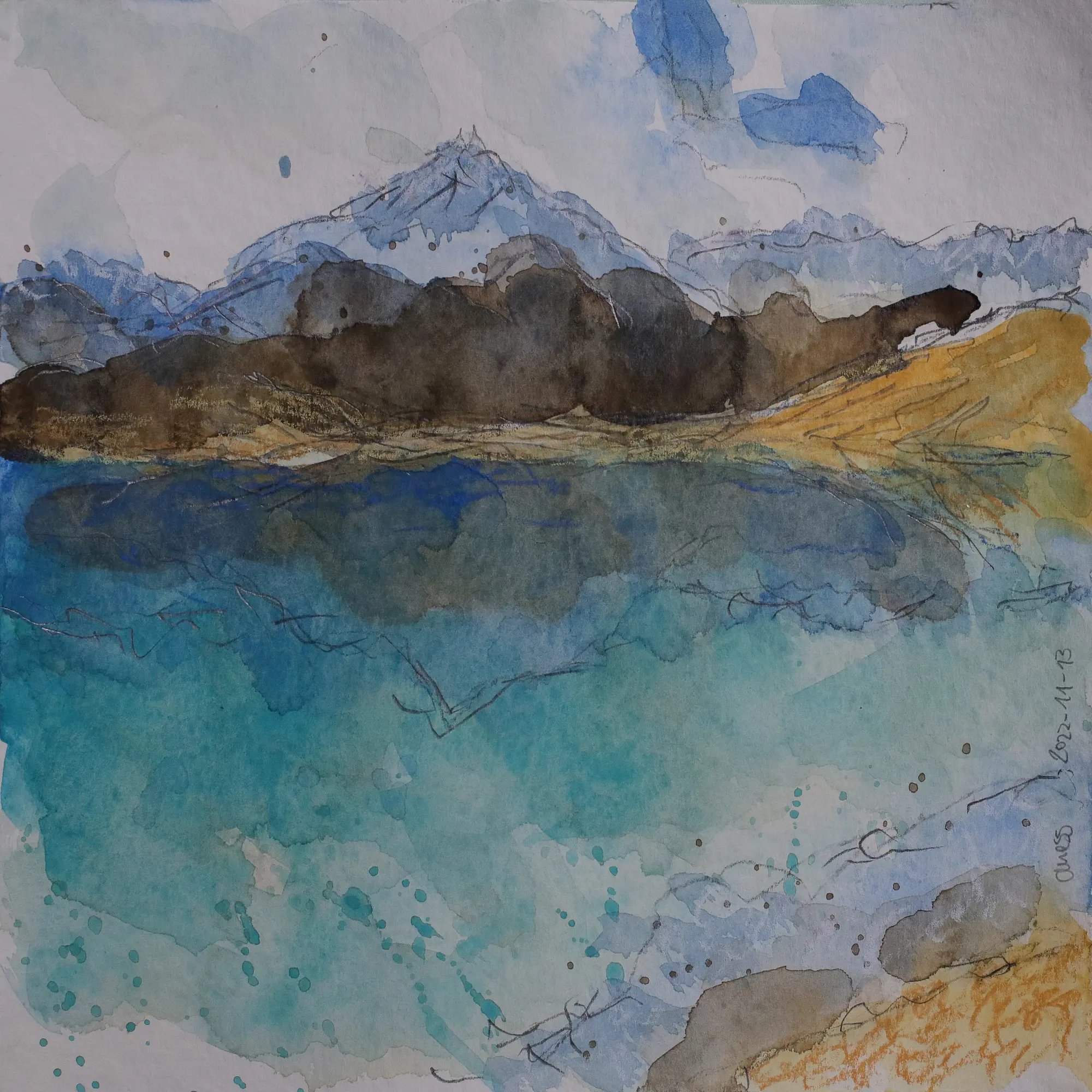 echtes Aquarell Gemälde mini klein Berge Alpen Urlaub Berg blau türkis weiß
